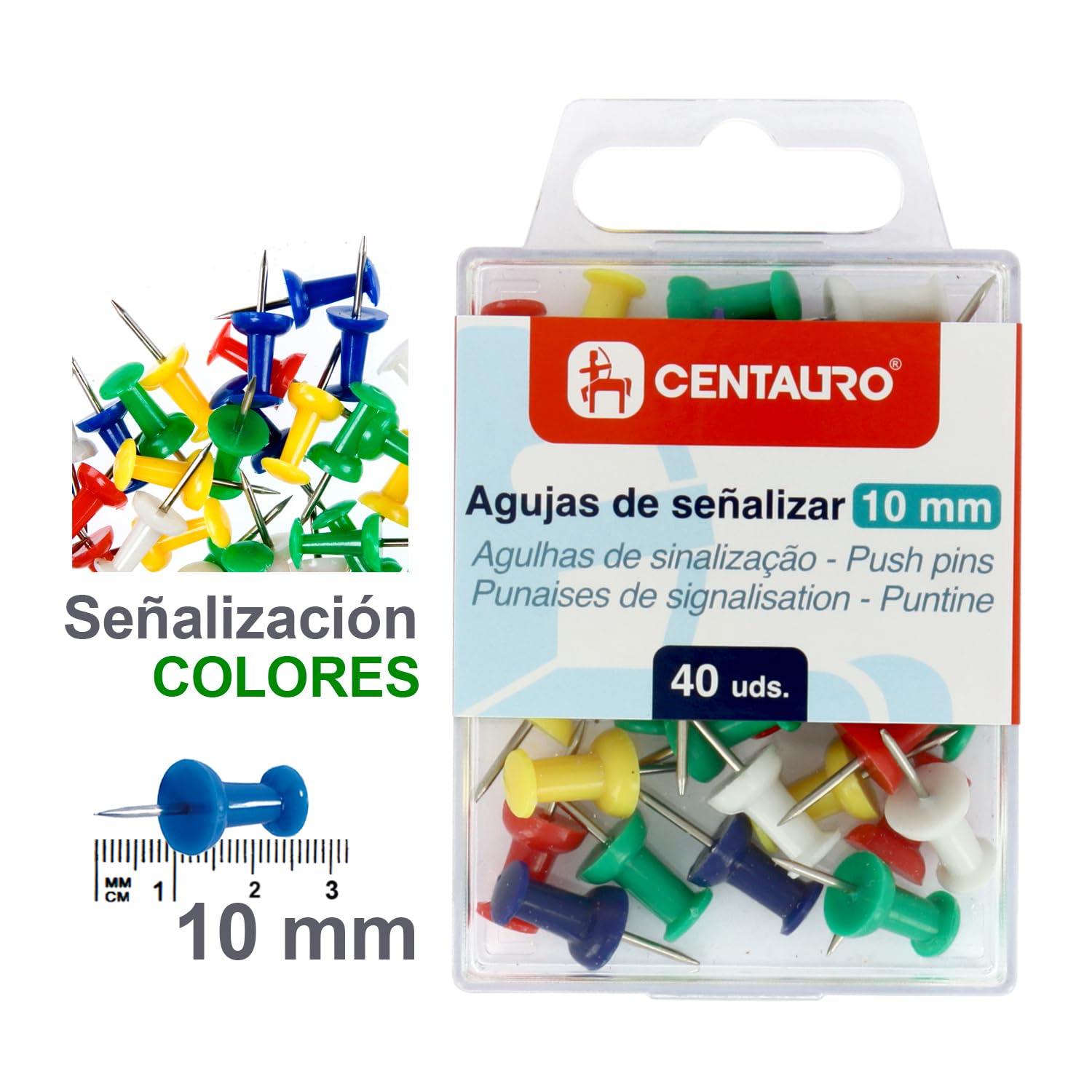 Centauro - 40 kolorowych plastikowych pinezek, studenci i uczniowie do codziennego użytku w korku i mapach, idealne do wykonywania dekoracji