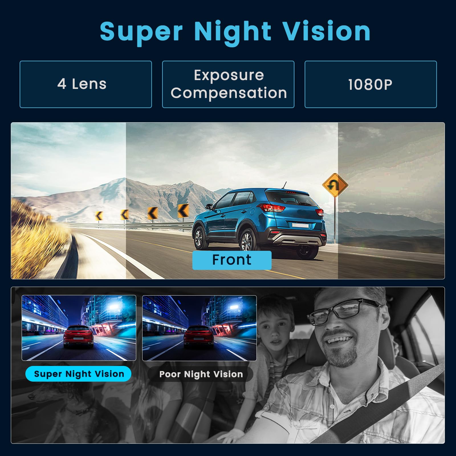 Inefala 2K WiFi 4-kanałowa kamera samochodowa Dash Cam, 2K przedni i tylny przedni 1080P wewnętrzny lewy i prawy kamera samochodowa z kartą 64 GB, nagrywanie w pętli, czujnik G