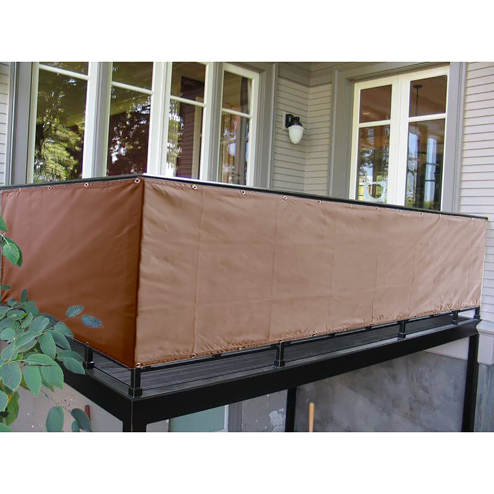 Khakifarbene Balkonabdeckung 110 x 500 cm, blickdicht, mit Kabelbindern und Seil, ideal für Geländer, schützt Garten und Terrasse.