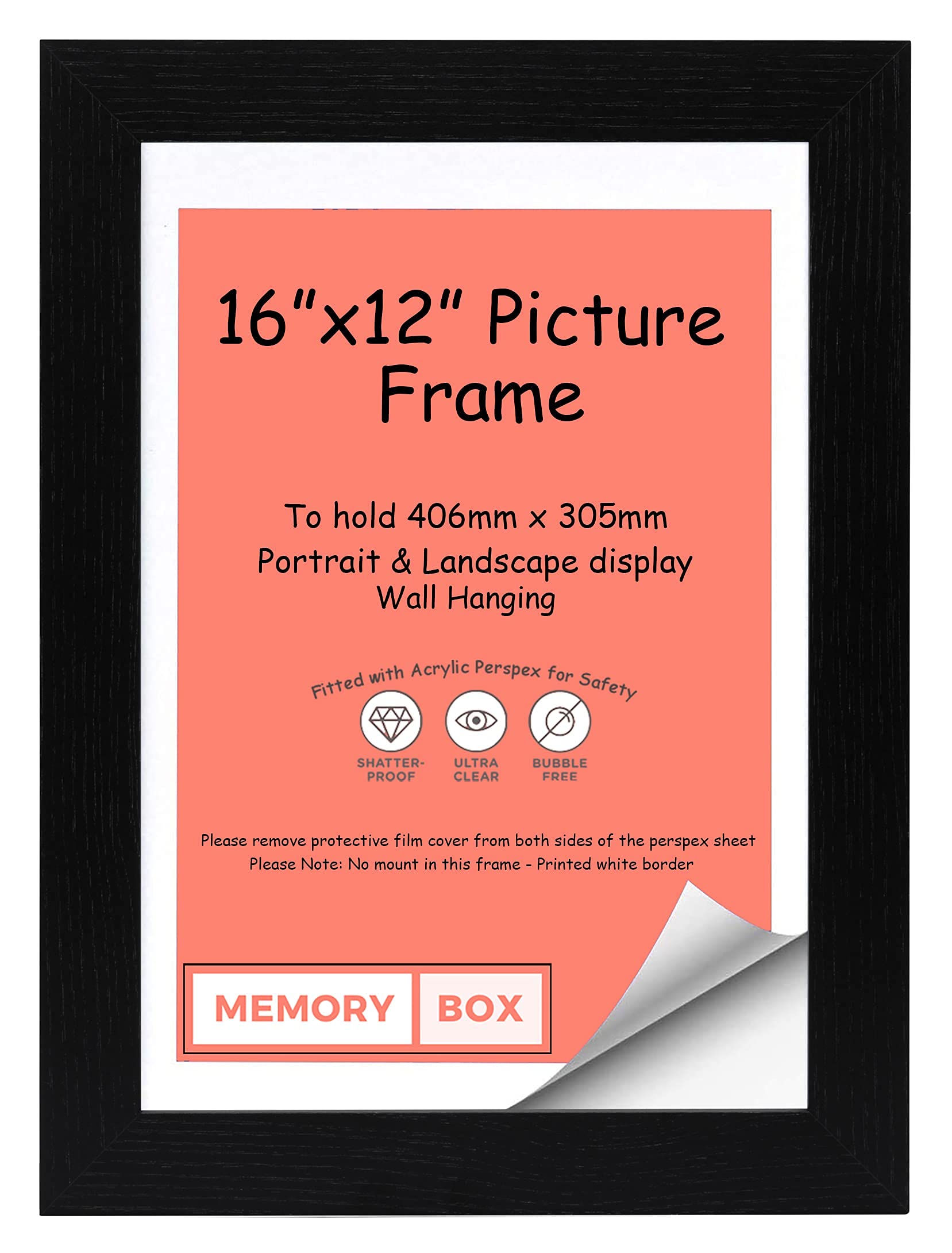 Memory Box Black - Wrapped MDF Picture/Photo/Poster frame with Real Glass - Moulding 30mm Wide and 15mm Deep - (40.6 x 30.5cm) 16" x 12"
