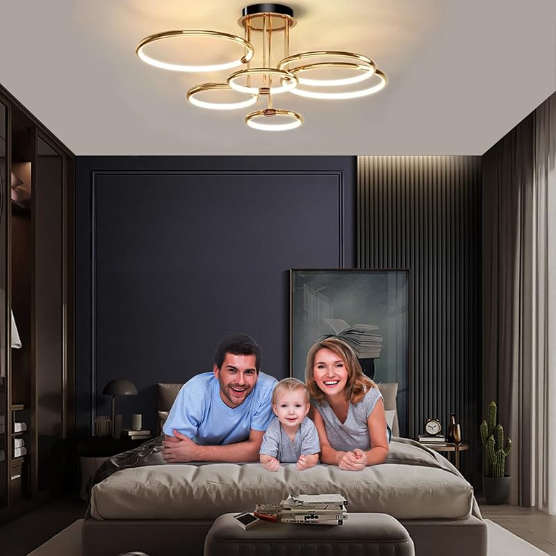 EIDEARAY LED Mennyezeti Lámpa 6 Gyűrűs Modern Arany Dimmelhető Távirányítóval 104cm
