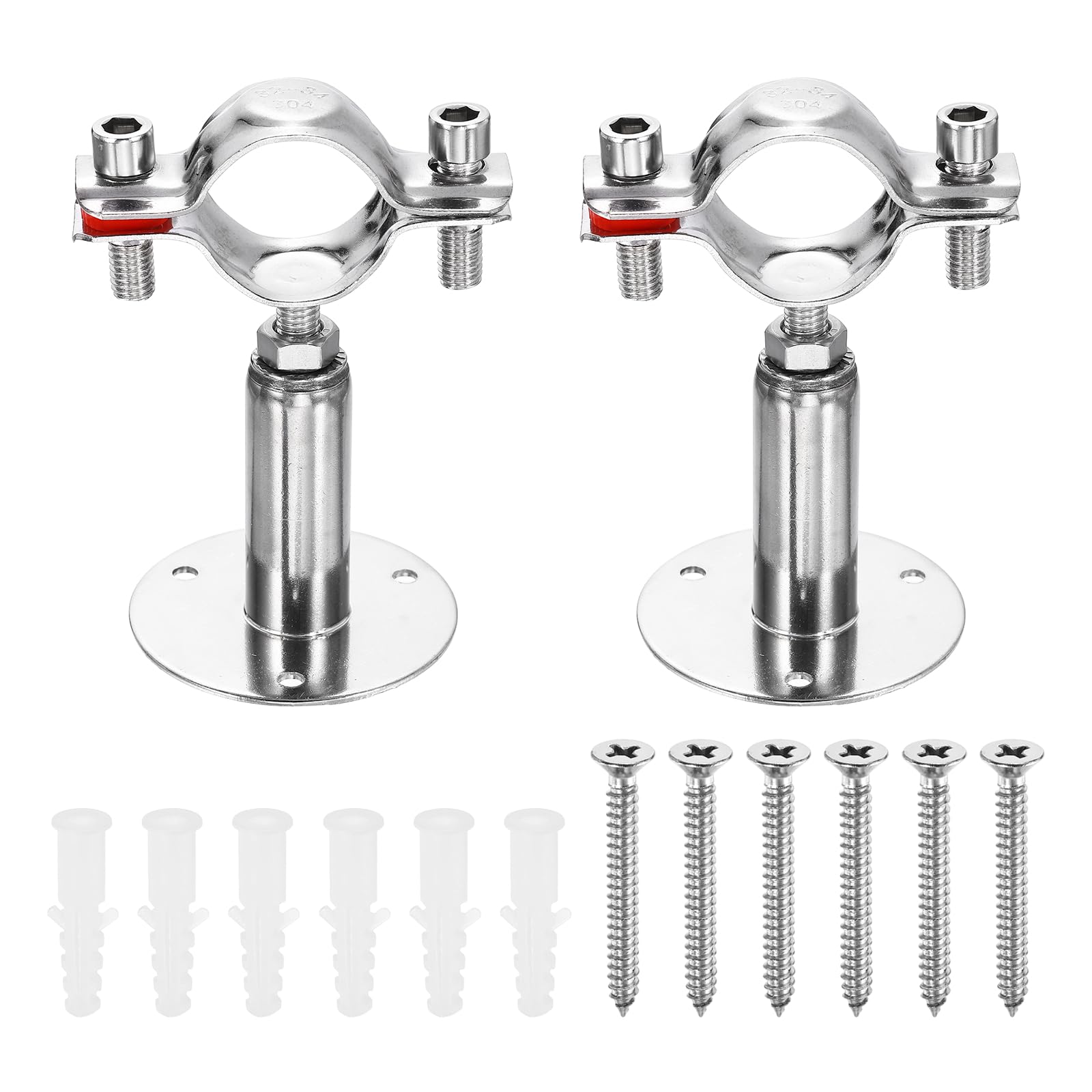 sourcing map 2 Set Wall Mount Ceiling Mount Pipe Supports 304 Stainless Steel Adjustable Pipe Bracket Clamp with Screw for OD Pipe 1.3"-1.3" (32-34mm) Adjustable Height 50-100mm