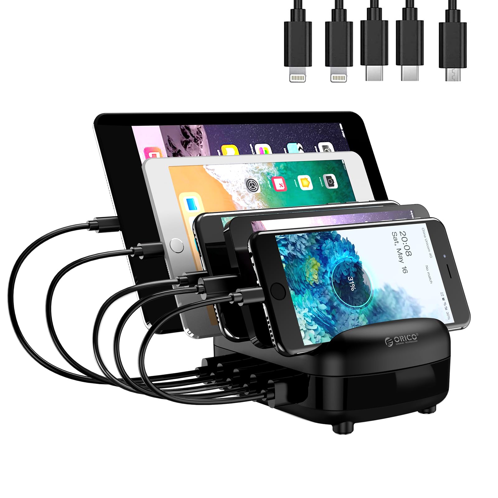 ORICO Stazione di ricarica rapida a 5 porte, per piÁ_ dispositivi, Smart Charger Organizer con 5 cavi di ricarica corti, compatibile con Apple iPad iPhone Android (5 cavi di ricarica inclusi)