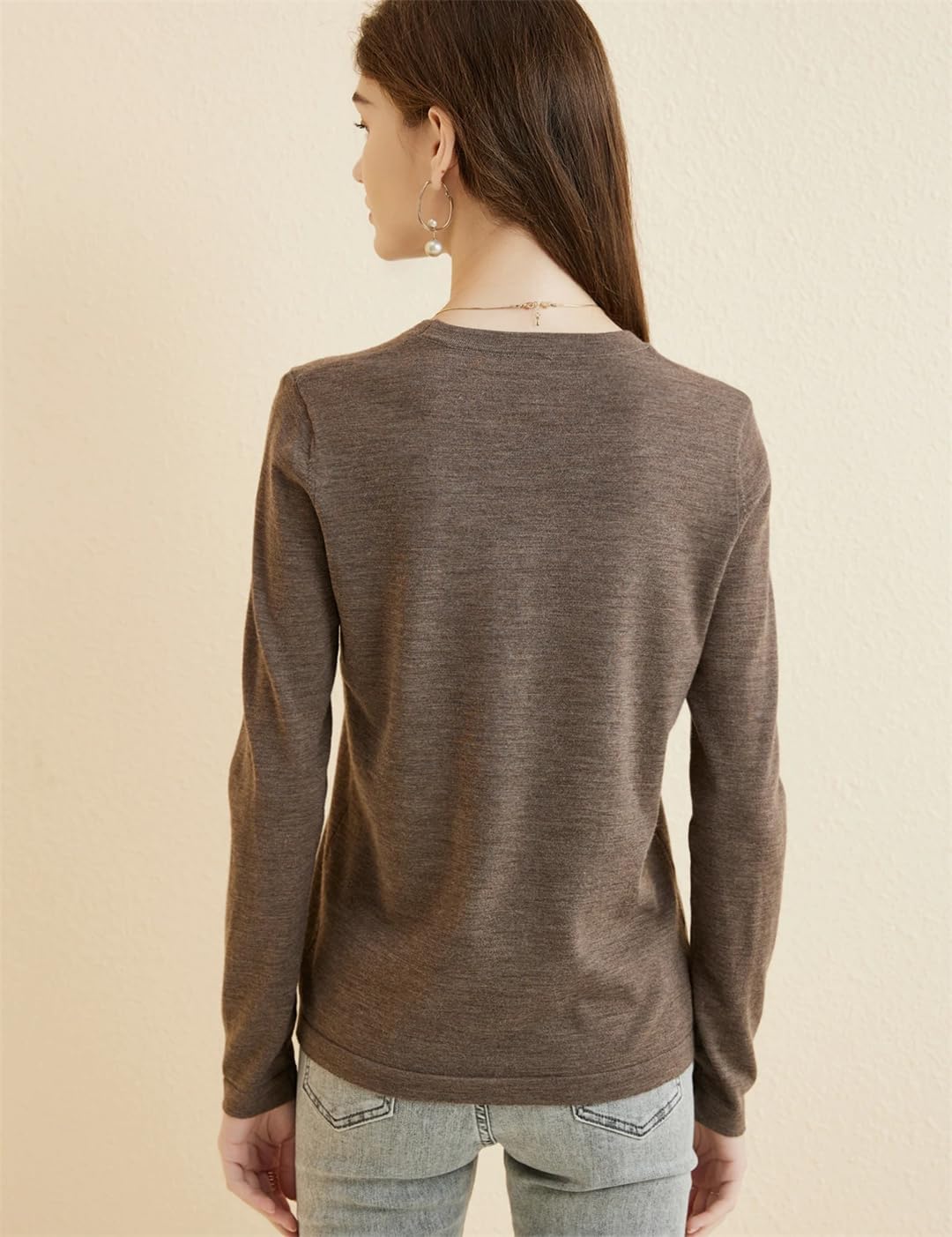 Women's Fall Winter 100% Merino Wool Base Layer Crewneck Soft Merino Tee Long Sleeve Tops
