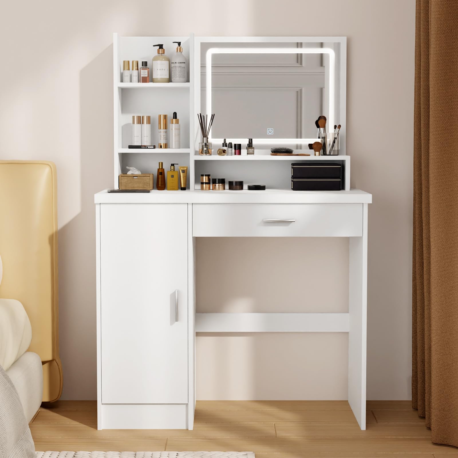 Hestiasko Vanity Desk with Mirror and Lights, White Vanity Desk with 3 Color LED Light Options Adjustable Brightness, Makeup Vanity Table with Large Drawer and Three Level Storage Dresser