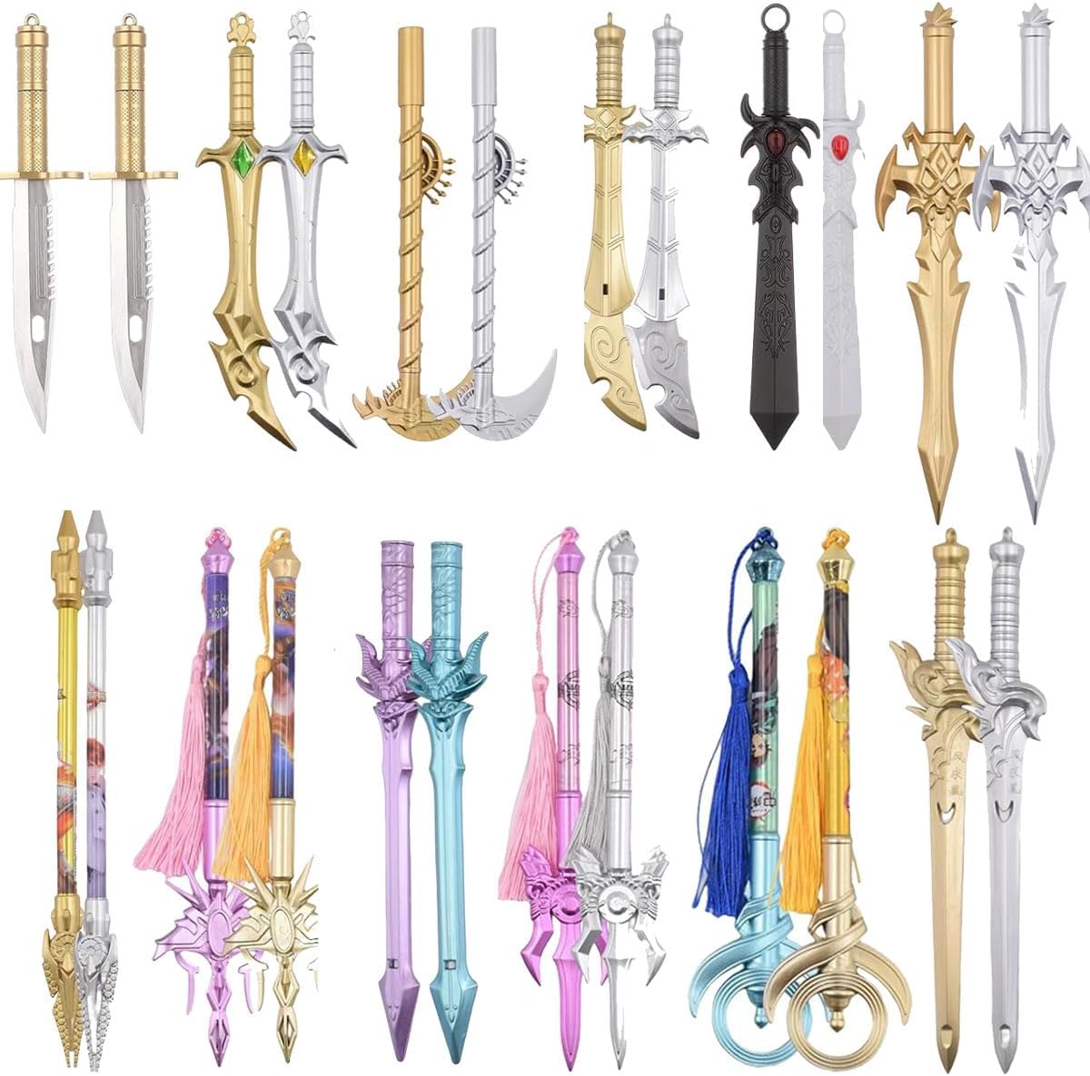 24 Pack Ancient Sword Pens Set Plastic Gel Ink Pens Cool Pens for Birthday Party Presents and School Writing Blue Black Ink