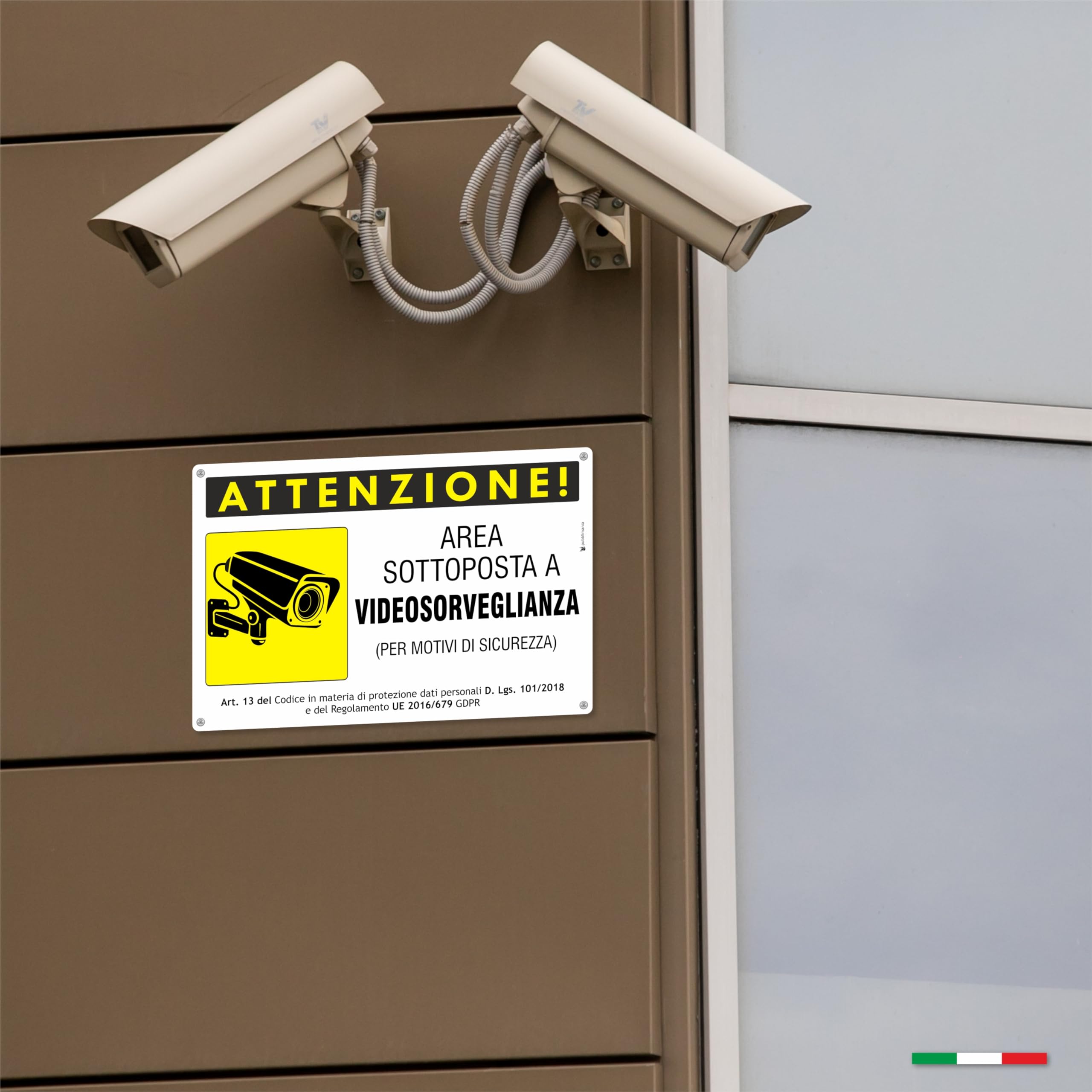 Pubblimania Cartello ATTENZIONE AREA VIDEOSORVEGLIATA ORIZZONTALE. Alluminio composito spessore 3 mm, per esterno/interno (Cm 15x20)