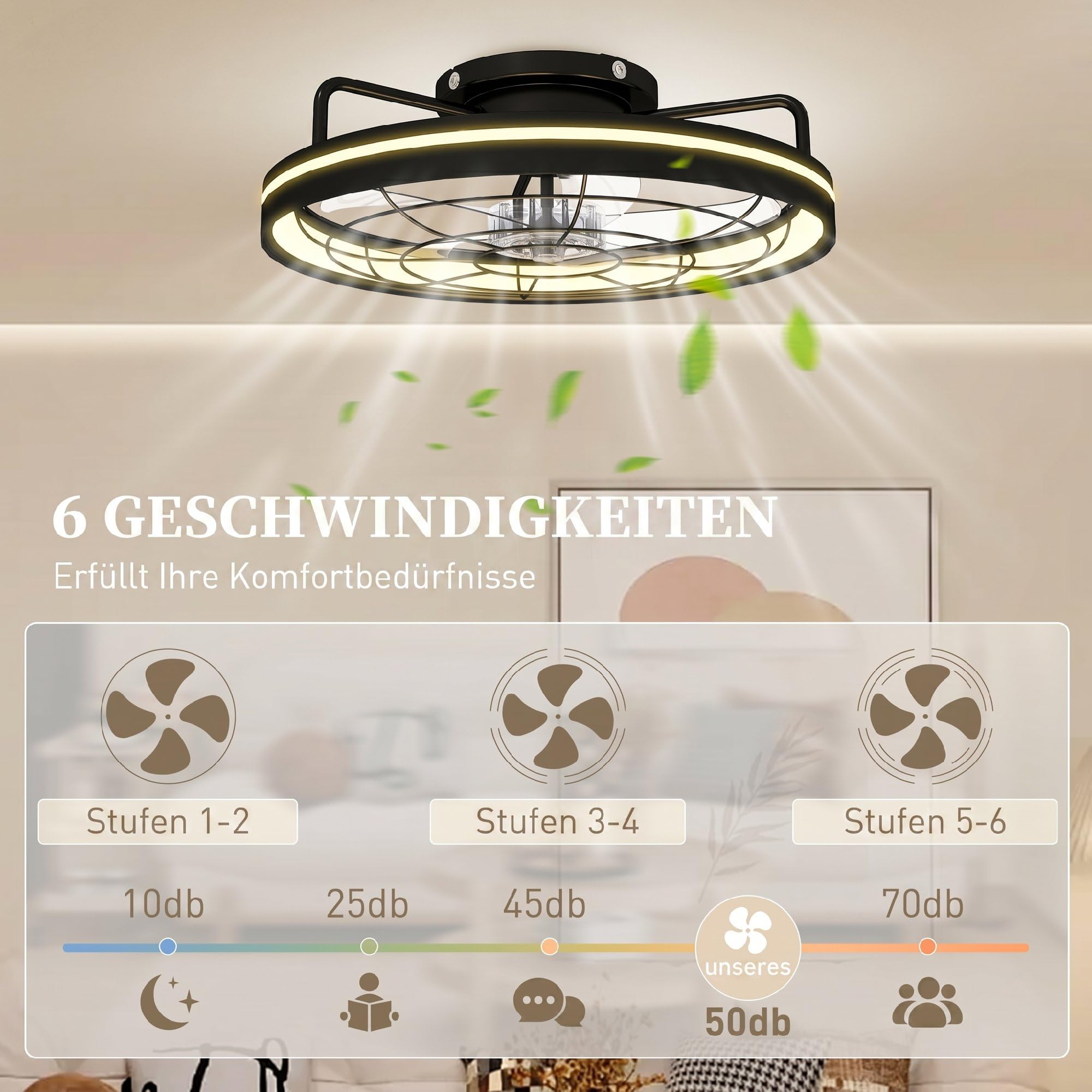 HOMCOM Deckenventilator mit Beleuchtung, Fernbedienung, Ø48 cm, 40 W LED Deckenleuchte mit Ventilator, 3 Lichtfarben, Timer, 6 Geschwindigkeiten, dimmbar, leiser DC Motor, Lampenschirm Schwarz