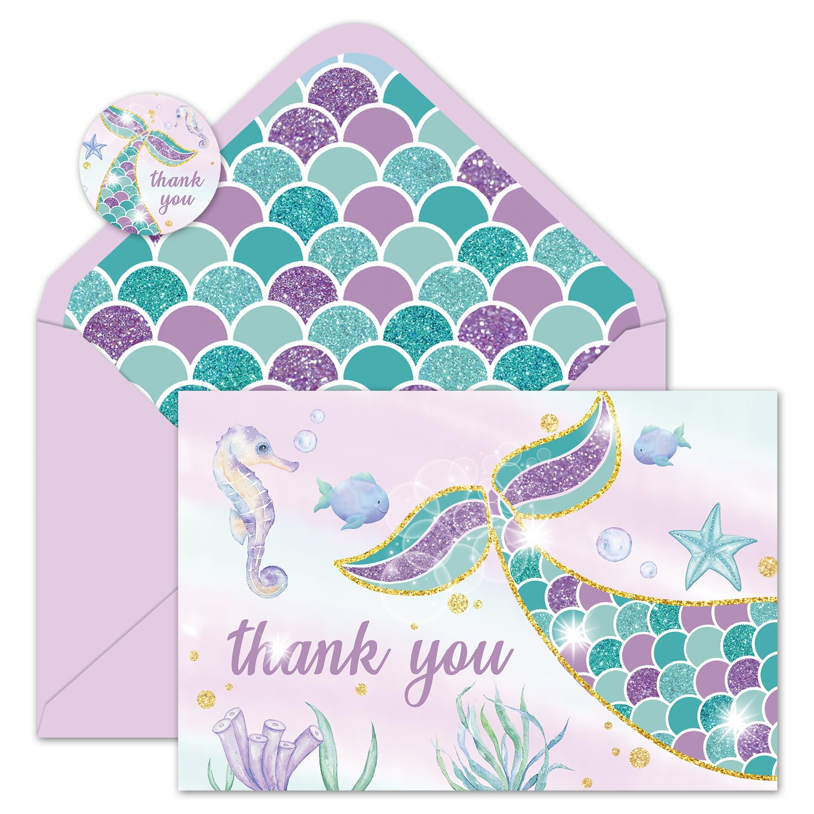 Whaline 30 Pack Mermaid Thank You Cards Bulk Purple Under The Sea Greeting Cards with Envelopes Stickers Blank Note Card for Wedding Birthday Baby