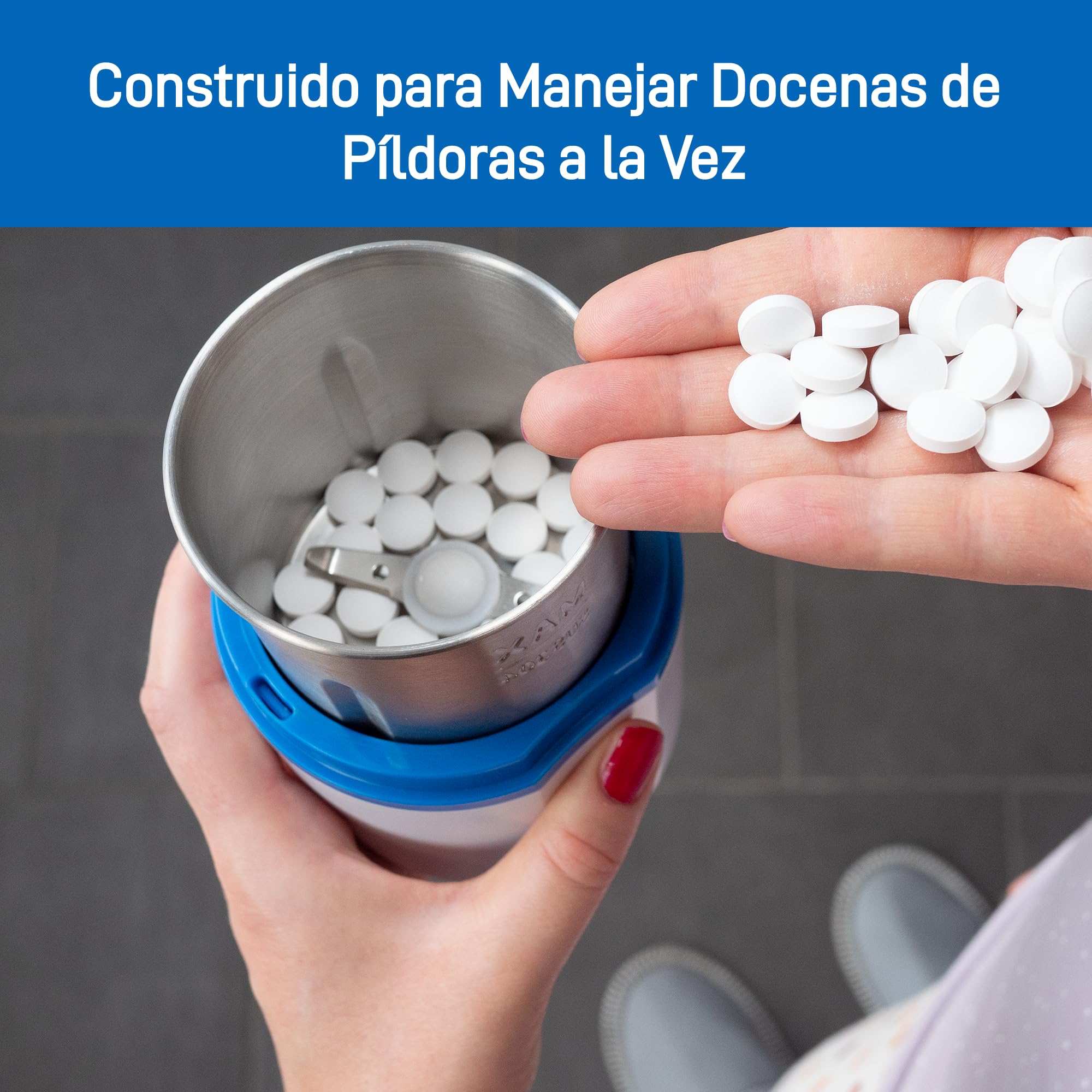 Triturador eléctrico para pastillas - Pulverizador electrónico de polvo fino para medicamentos - Con organizador de pastillas, cepillo, cuchara, paño y cuchillas de acero inoxidable de Pill Mill