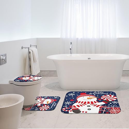 Miniatura 6 de Juego de 3 tapetes de baño de Navidad, muñeco de nieve y piruleta, juego de 3 tapetes de baño para baño, invierno, cubierta lavable, decoración para