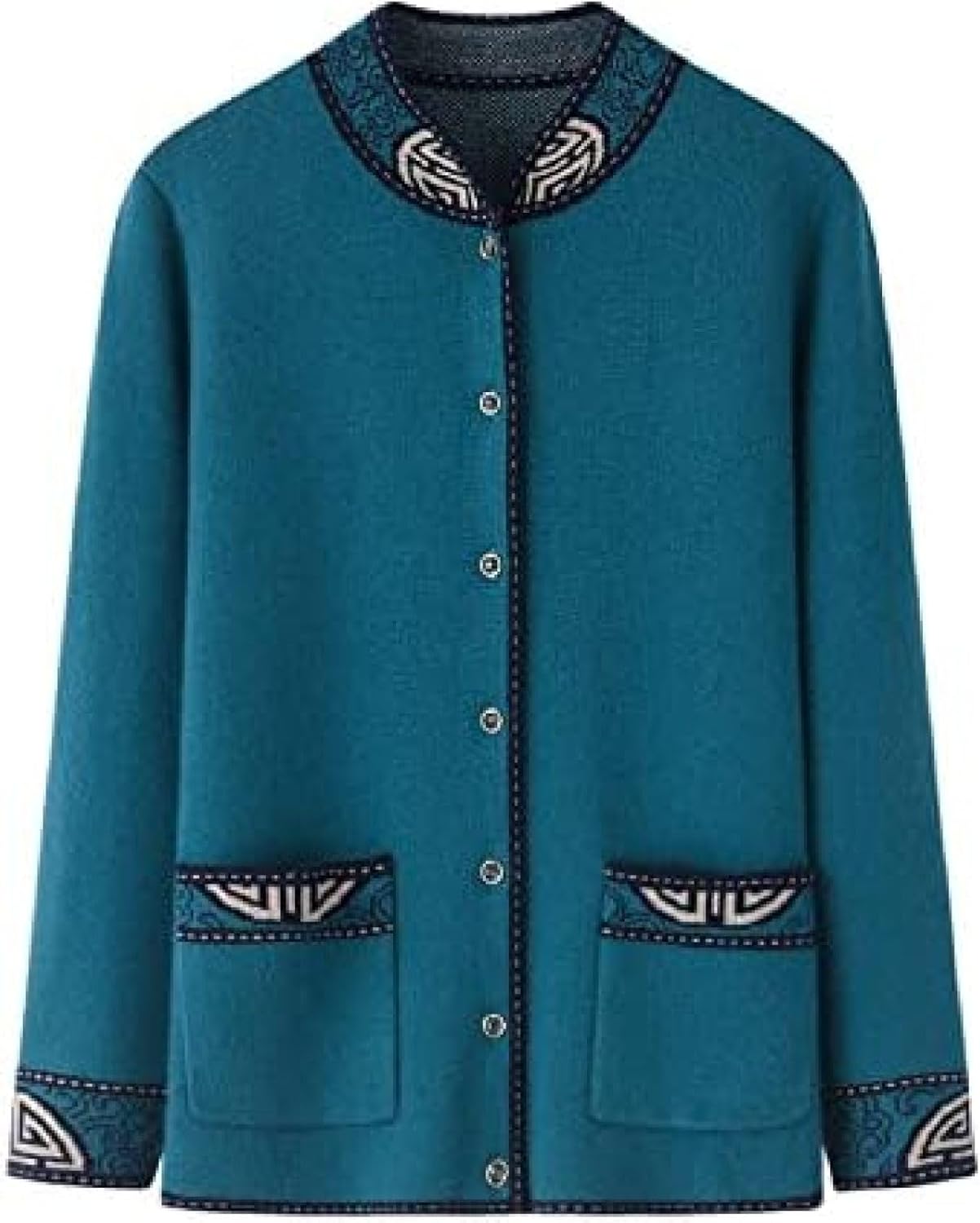 Stand-up Collar Thickened Single-Breasted Cashmere Sweater Women's Cardigan Wool Knitted Sweater with Pockets,Dark Green,XL