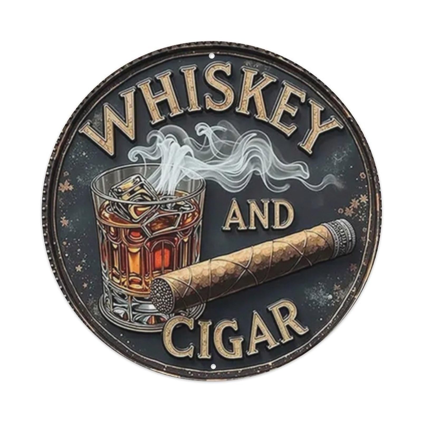 Gentinap Vintage Whiskey & Cigar Round Tin Sign Metal Sign Home Bar Garden Wall Decor Metal Poster 8X8 Inch