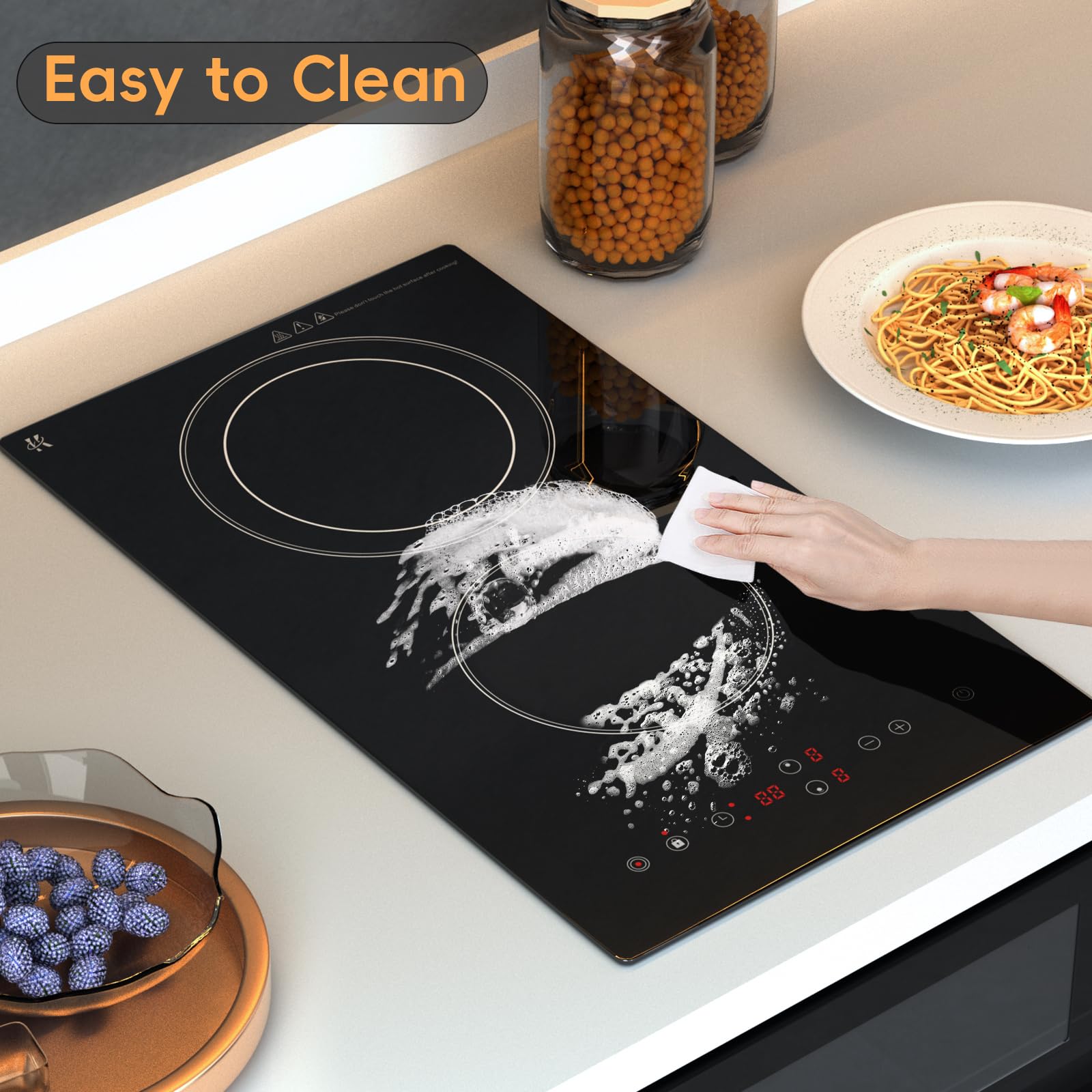 Placa de cocina eléctrica, 2 quemadores, estufa eléctrica radiante de 1800 W, 120 V con encimera y diseño integrado, placa de cerámica de control táctil de 12 pulgadas con bloqueo de 8