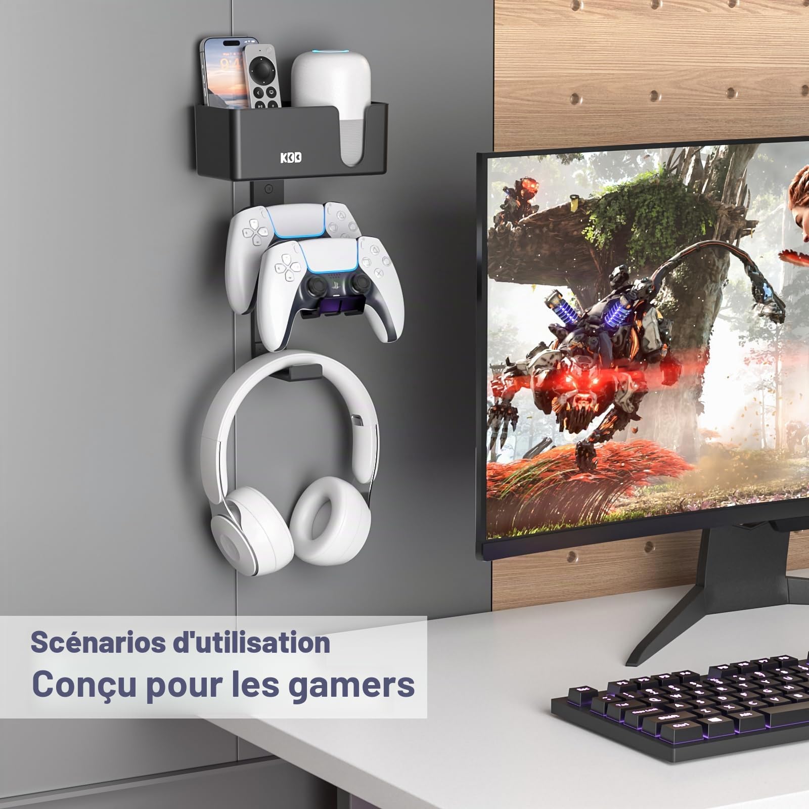 KDD Support Mural pour Manette 4-en-1, Support Contrôleur Double et Support Casque avec Patins Antidérapants, Rangement de Manette Amovible pour PS5 PS4 avec Organisateur de Bureau pour Bureau Chambre
