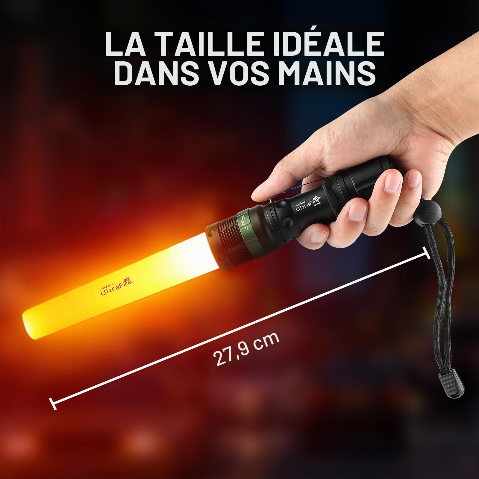 ULTRAFIRE Lampe torche LED 27,9 cm, 250 lumens, sûre, 3 modes incl. clignotant rouge, baguette de circulation, aéroport, pompiers, urgence, UF-303
