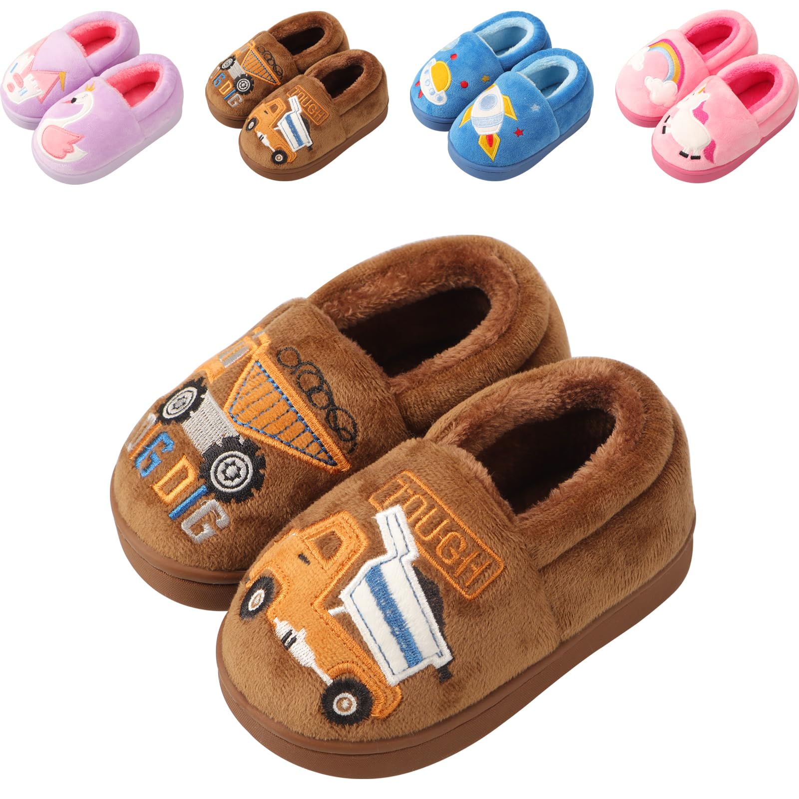 OWIF Toddler Slippers Boys Girls Kids Truck House Slippers Non-slip Cute Warm Soft Fuzzy Indoor Children Winter Toddler Shoes