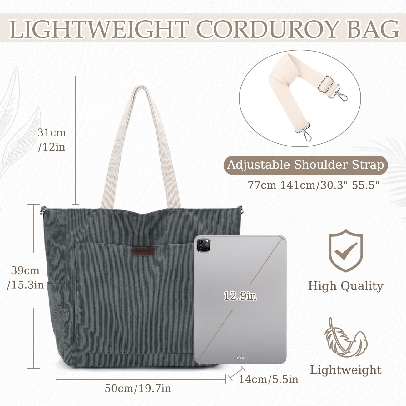 Chase Chic Corduroy Tote Bag for Women, Large Lightweight Shoulder Hobo Work Tote with Zipper Pocket Crossbody Handbag for Girls,Gray