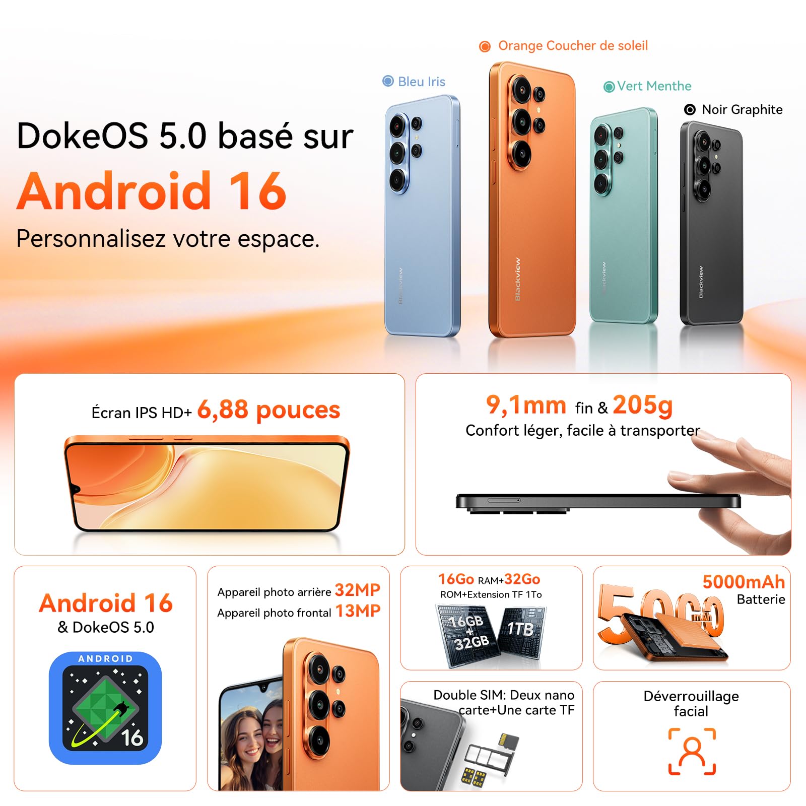 Blackview Wave 10C Telephone Portable 6,88" HD+, Smartphone Android 16, 16+32Go (ext 1To), Double SIM, 5000mAh, 32+13MP, Face ID/GPS/OTG, Compatible Orange, SFR, Bouygues, Free Mobile – Noir