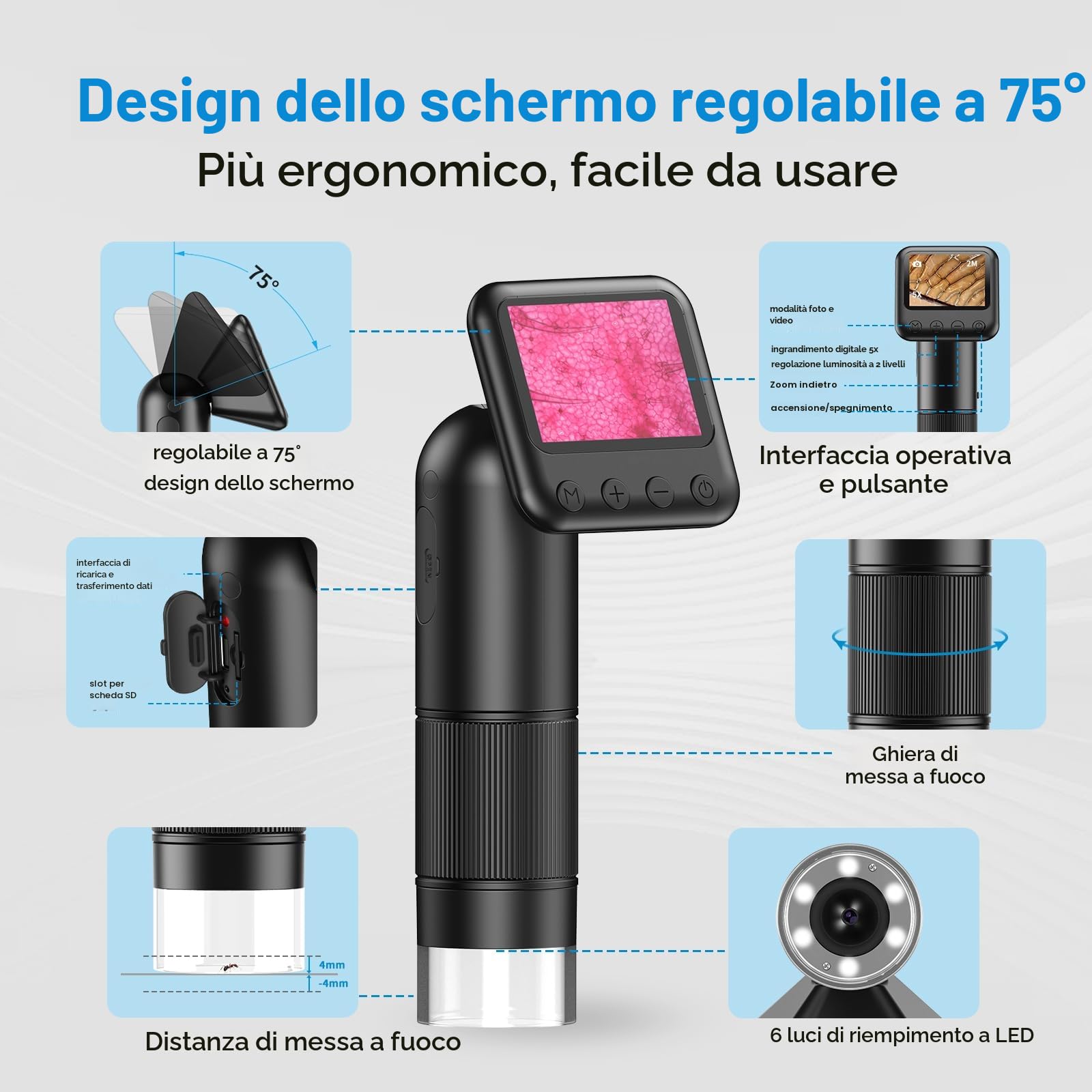 Microscopio digitale palmare LCD, microscopio portatile tascabile 800x con luci a LED Microscopio elettronico con lente d'ingrandimento, Handy-Mikroskop, USB a PC Inclusa scheda SD e vetrini campione