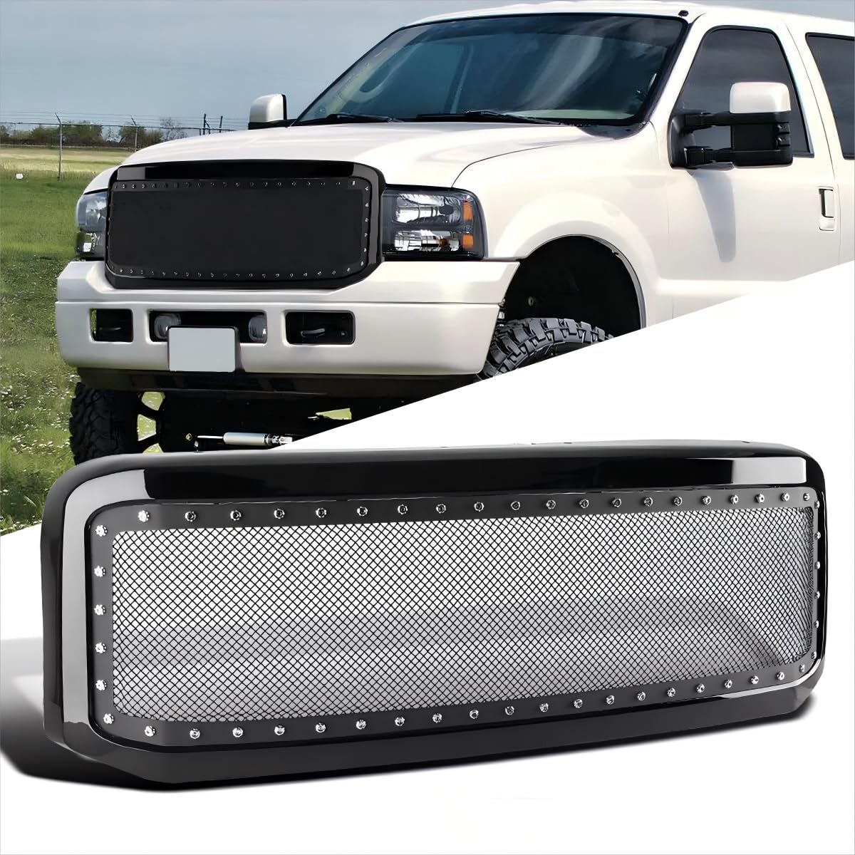 FELYCYTAS Front Grill Compatible with 2005-2007 Ford F250/F350/F450/F550 Super Duty, Automotive Bumper Replacement Black Mesh Grille Guards (Style A)