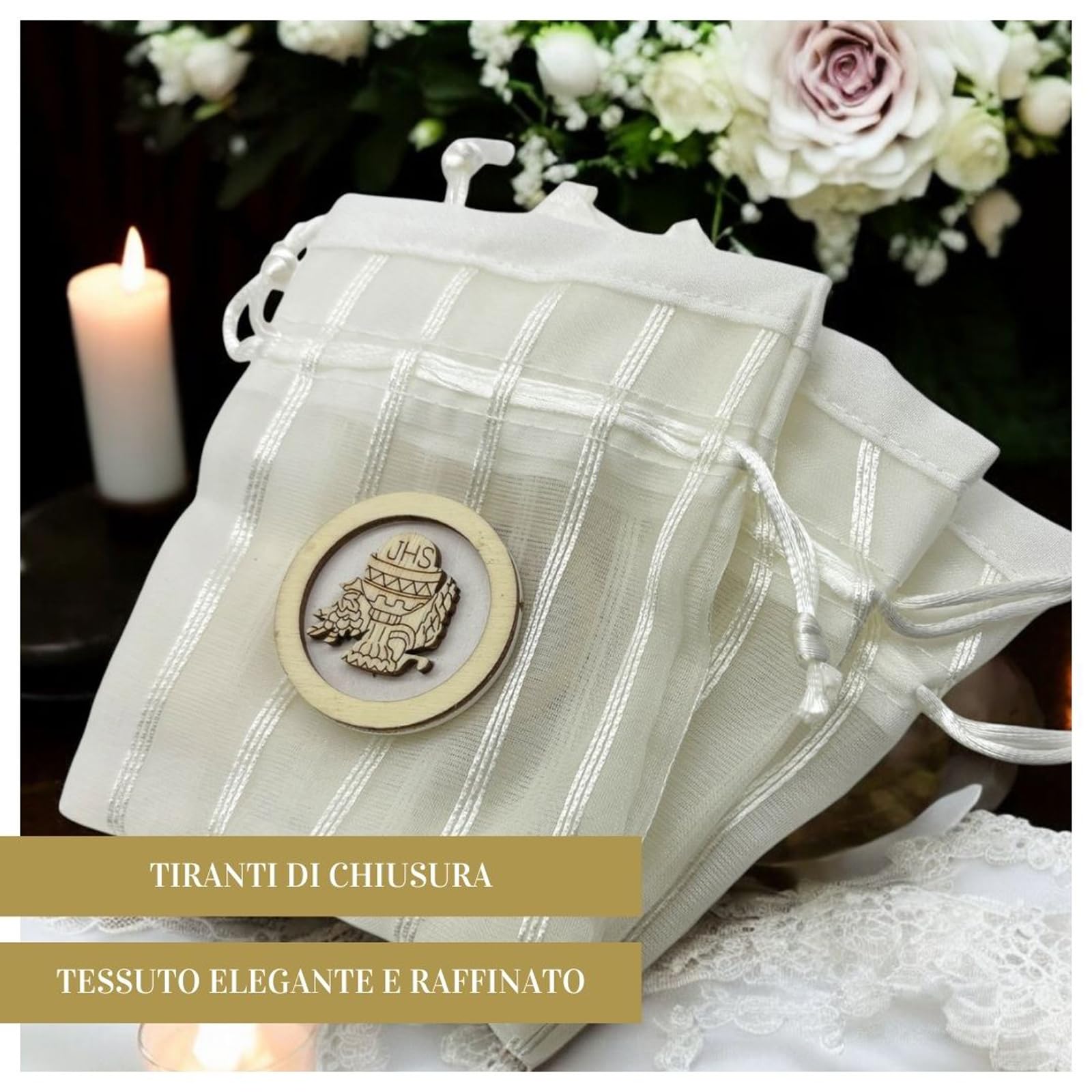 Set Comunione Con 12 Sacchettini In Cotone - Confezione Completa Con Confetti Al Cioccolato E Bigliettini Personalizzabili - Foto 9