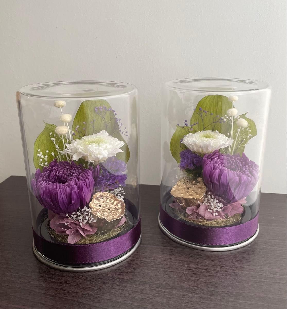 プリザーブドフラワー＊ガラスケース対 輪菊 蓮&タッセル ＊ 仏花 敬老の