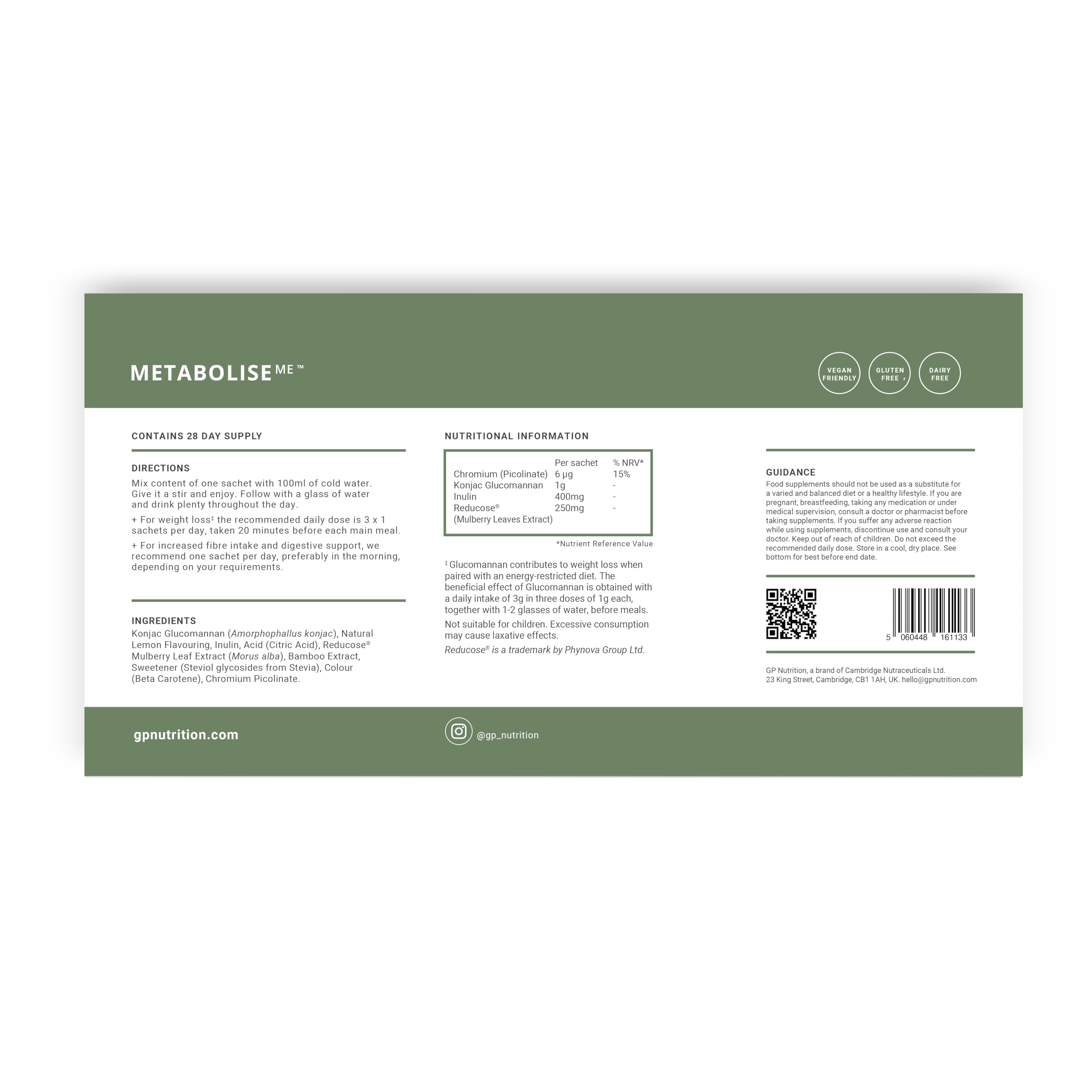 GP Nutrition MetaboliseMe Pulver - Stoffwechsel Komplex mit Chrom, Biotin & Ballaststoffen, lösliches Getränk, tägliche Ergänzung, 28 Sachets, Glucomannan Trinkbeutel mit Inulin