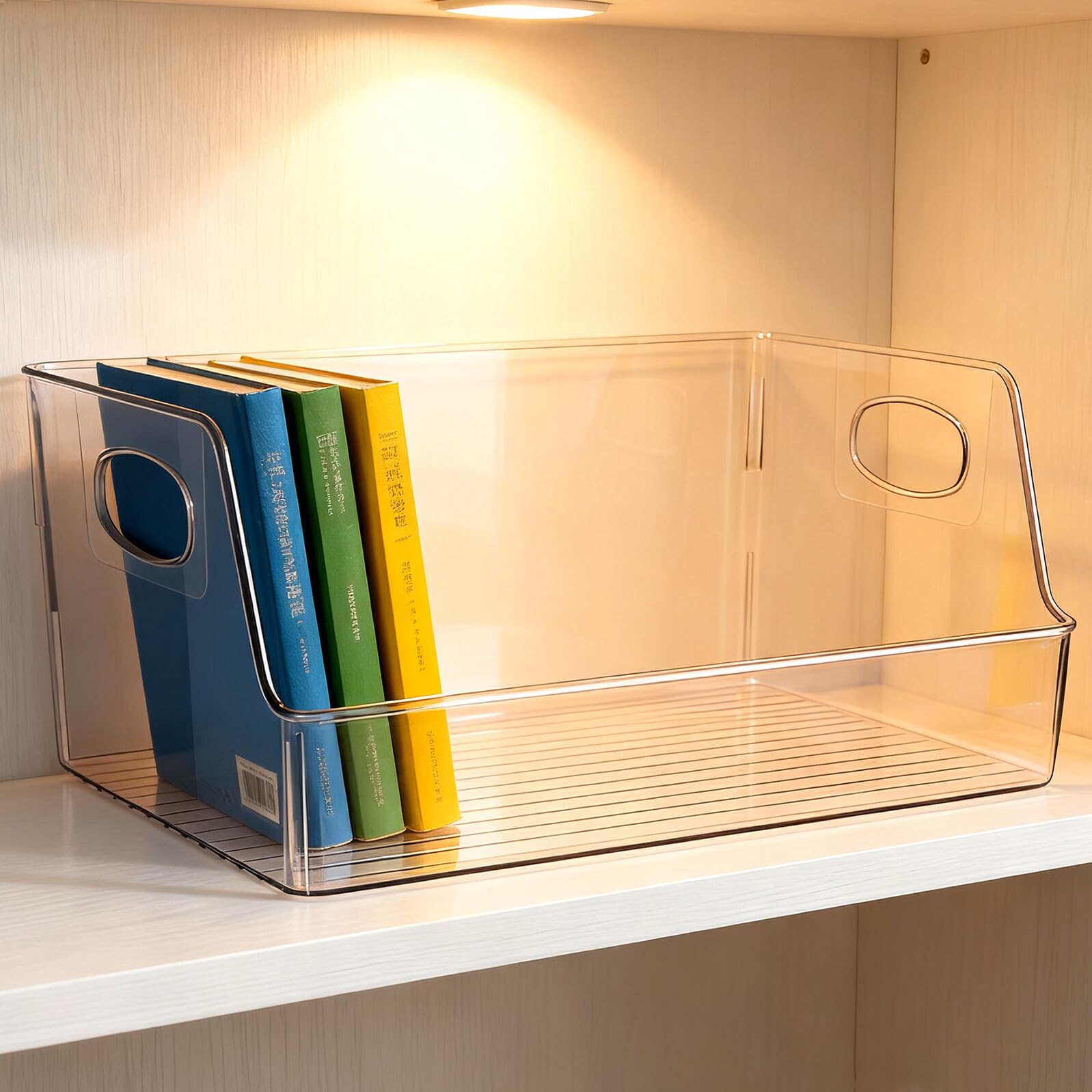 Amosfun Contenitore Trasparente per Libri e Fumetti 34x21,5x15 Cm, Organizer per Scaffali e Dispensa, Cestino Resistente in Plastica per Organizzazione Classe e Cucina