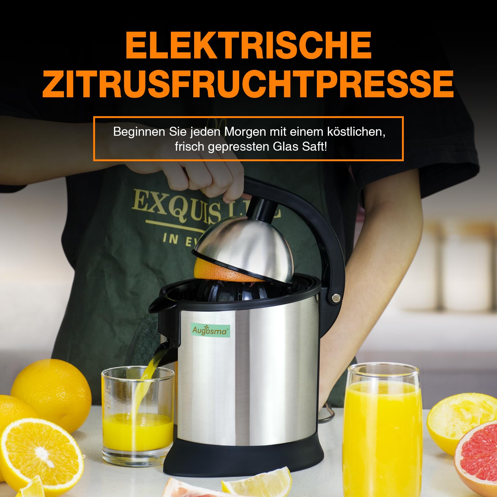 Exprimidor eléctrico, apto para naranjas, limones y pomelos, acero inoxidable cepillado, fácil de limpiar y usar (negro+plata)
