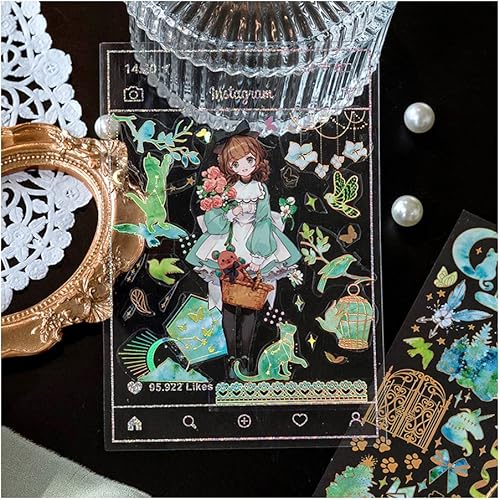 Miniatura 6 de RIVEENY Juego de calcomanías holográficas de papel de aluminio dorado calcomanías para diario de álbumes de recortes mariposa de flores impermeable