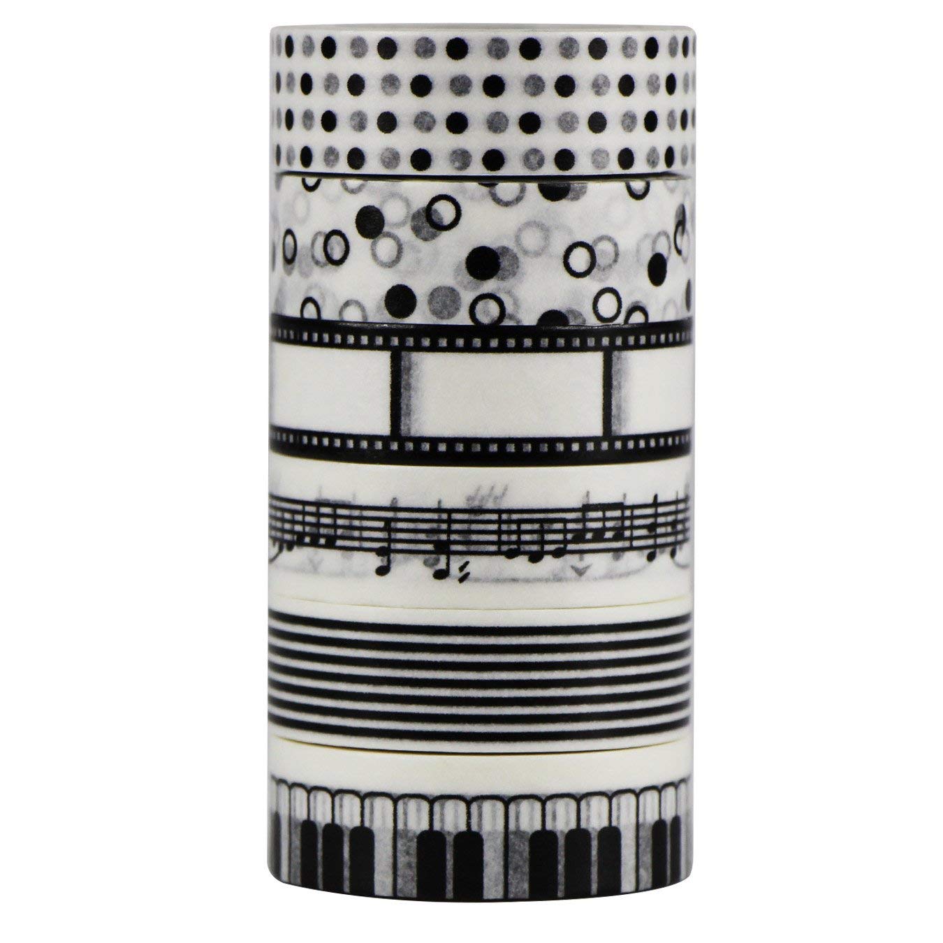 6pcs Decorative Washi Tape Masking Tape Black White Adhesive Scrapbooking DIY Craft Gift 10m x 15mm (White)