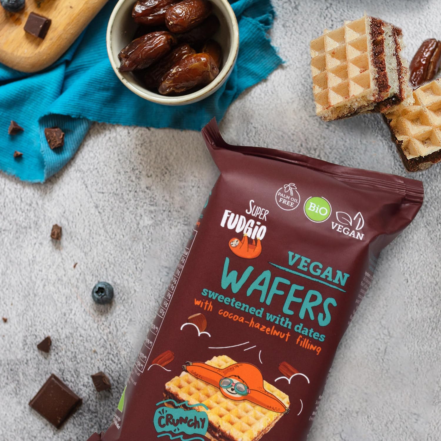 SUPER FUDGiO Bio gofres con crema de cacao y avellana | Endulzado con dátiles en lugar de azúcar | sin aceite de palma | Snack vegano 4 x 30 g (8 unidades)