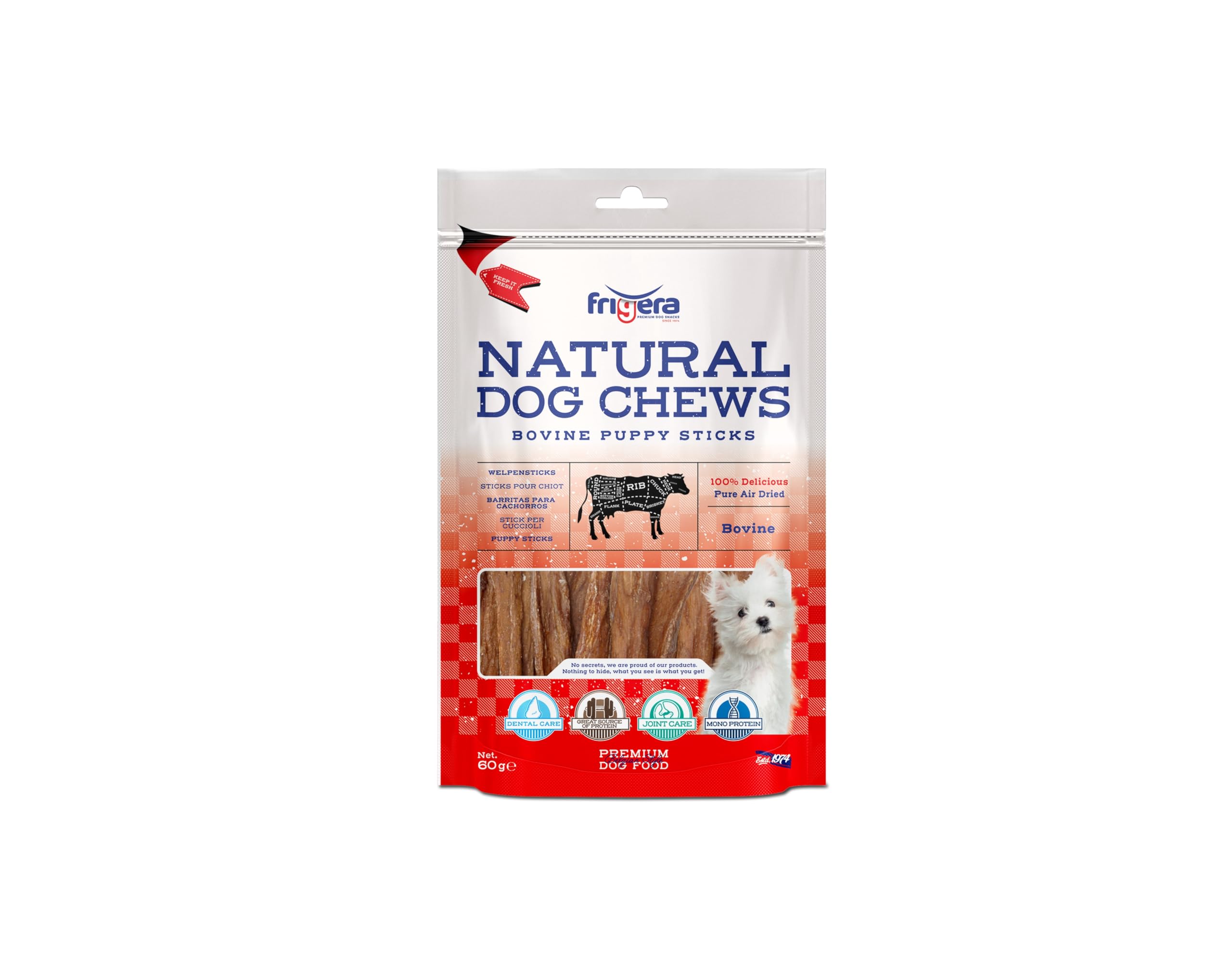 Frigera Bacchette per cuccioli, 60 g, naturali, ricchi di proteine, per cuccioli, senza glutine e cereali, snack per cani di alta qualità senza additivi