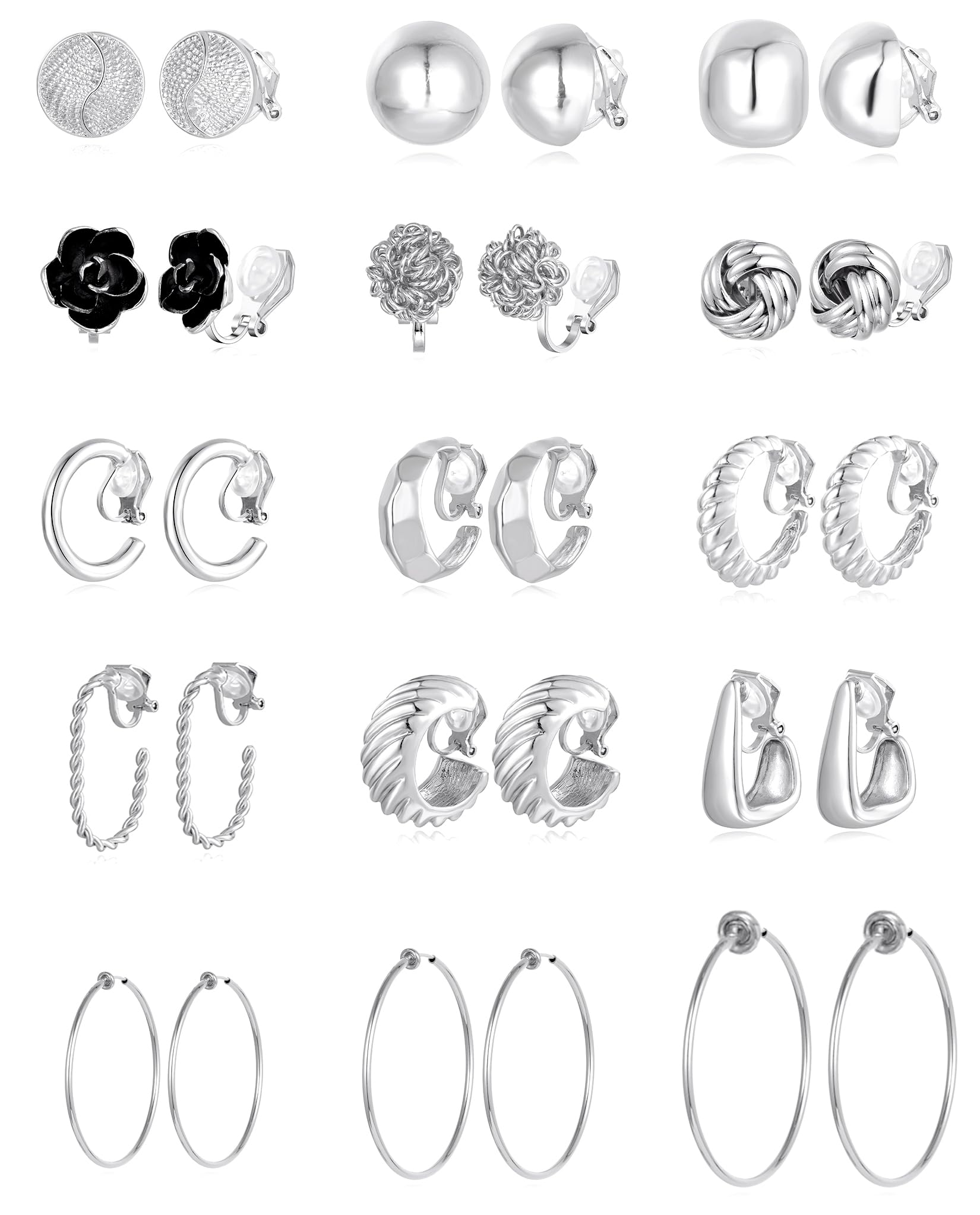 Tornito 15 Pairs Clip on Earrings 14K Gold Plated Chunky Flower Twist Knot Geometric Round Clip on Spring Hoops Earrings for Women Non-Pierced Fake