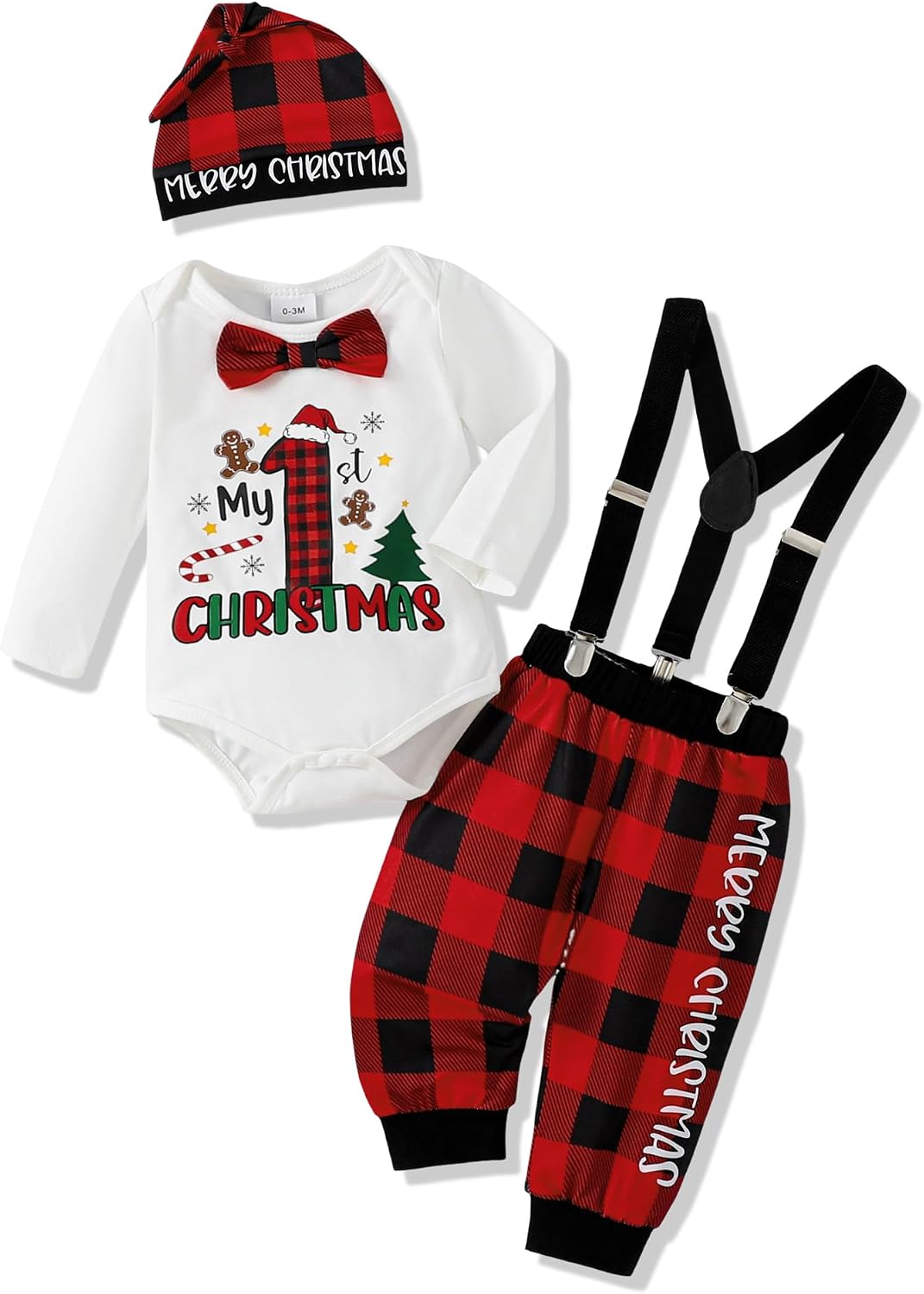 AMAWMW My First Christmas Baby Boy Outfit Infant 1st Christmas Romper Red Plaid Suspender Pants Hat Newborn Clothes Sets