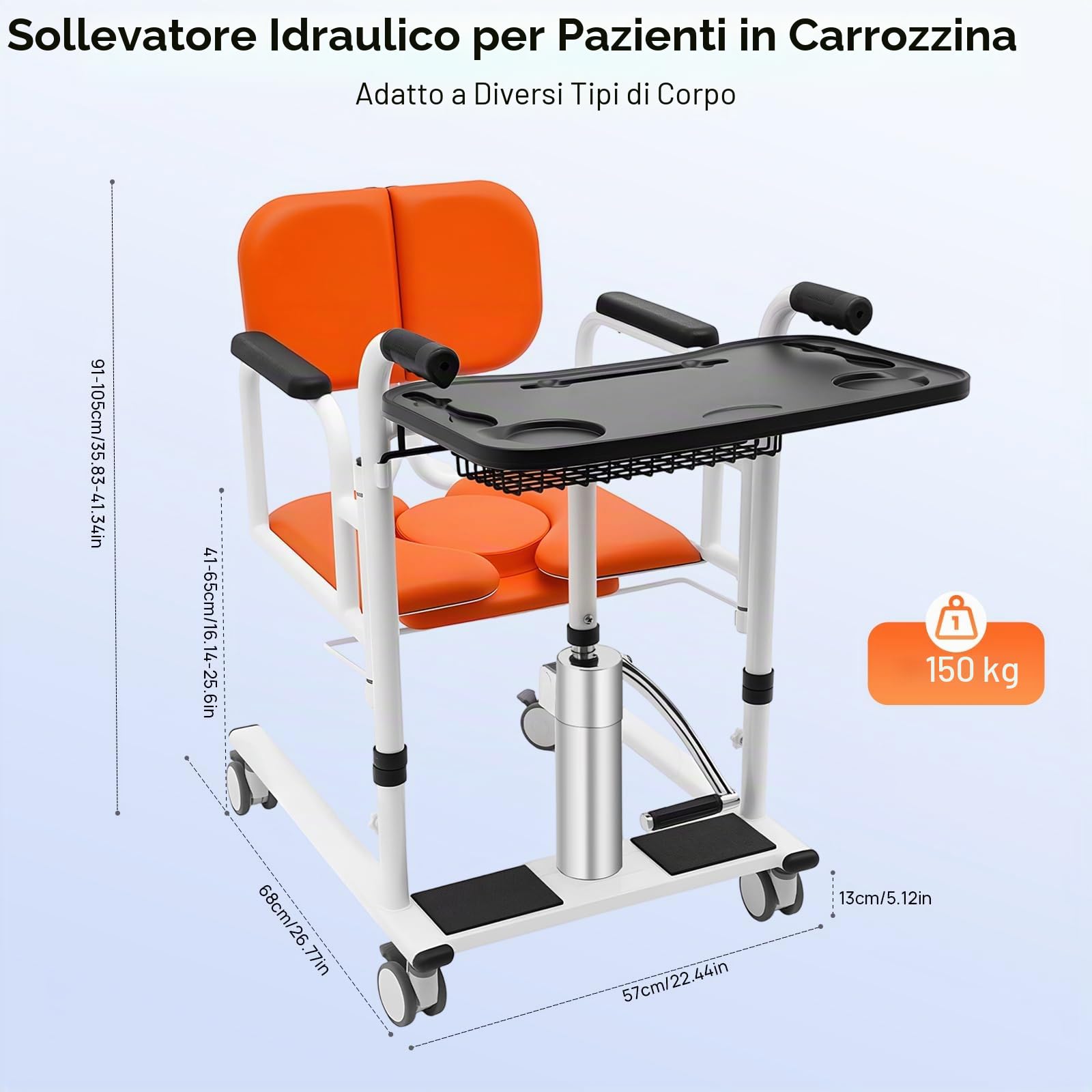 Sollevatore idraulico paziente, sedia a trasferimento paziente, sedia WC per anziani, seduta a 180°, altezza regolabile 150 kg, portata in casa di cura