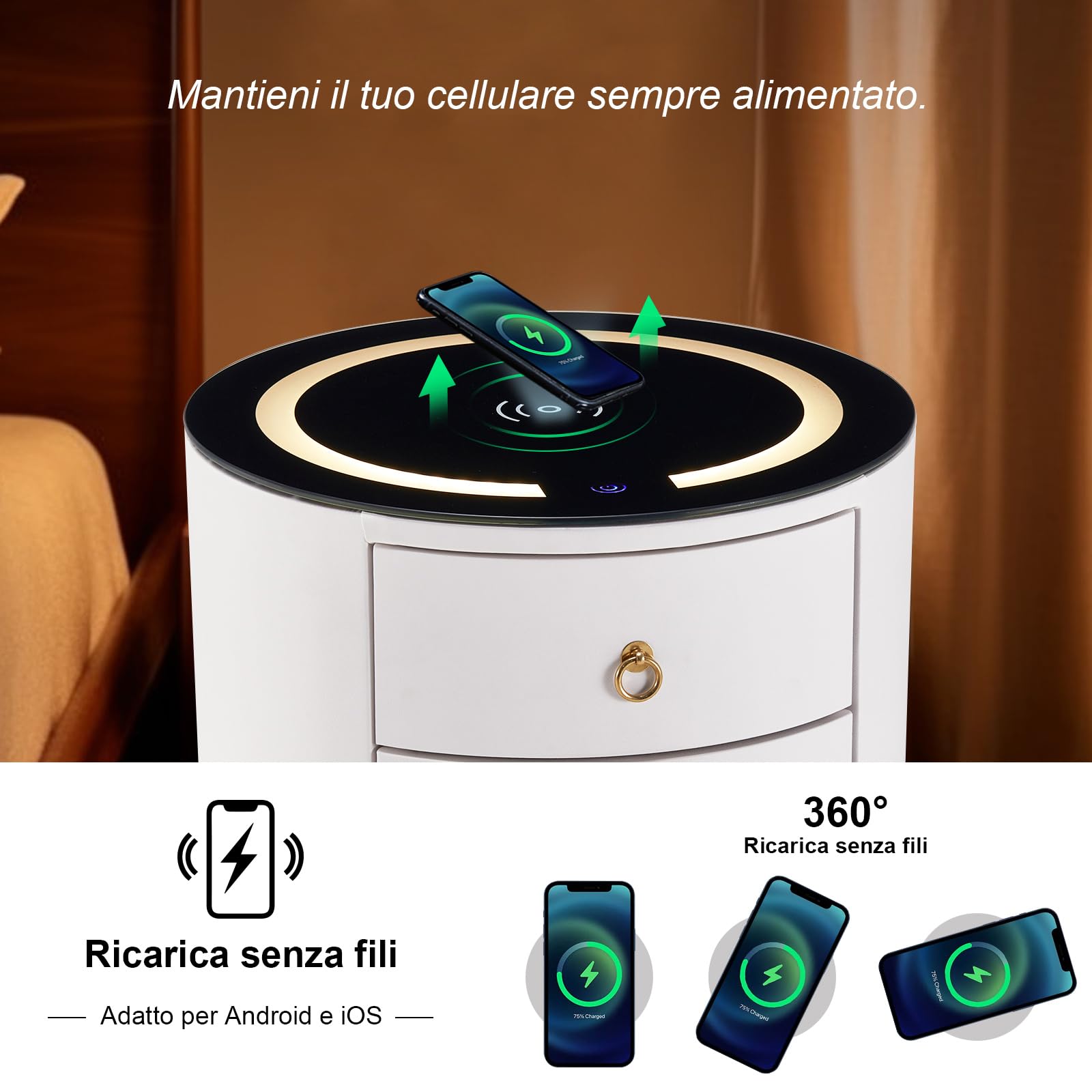 LEMROE Comodino rotondo con luce LED regolabile e stazione di ricarica wireless in vetro, Comodino intelligente con 3 cassetti, Tavolino da camera da letto (1, Bianco)