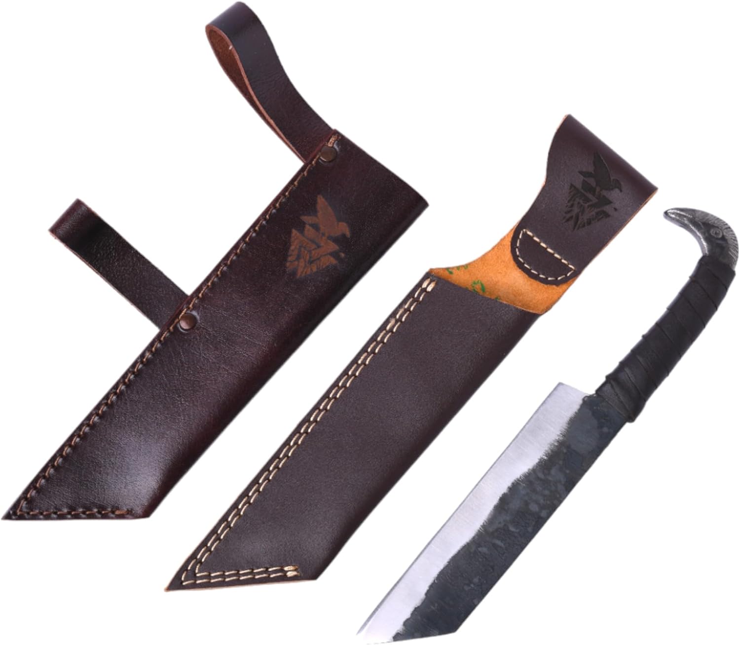 Odin's Raven Norse Viking-styled Knife 10.3" - Hand Forged 6.5" Carbon Steel Blade, Raven's Head Hilt and Leather Sheath - Unique Medieval Seax Style - Norse Knife for Hunting & Camping