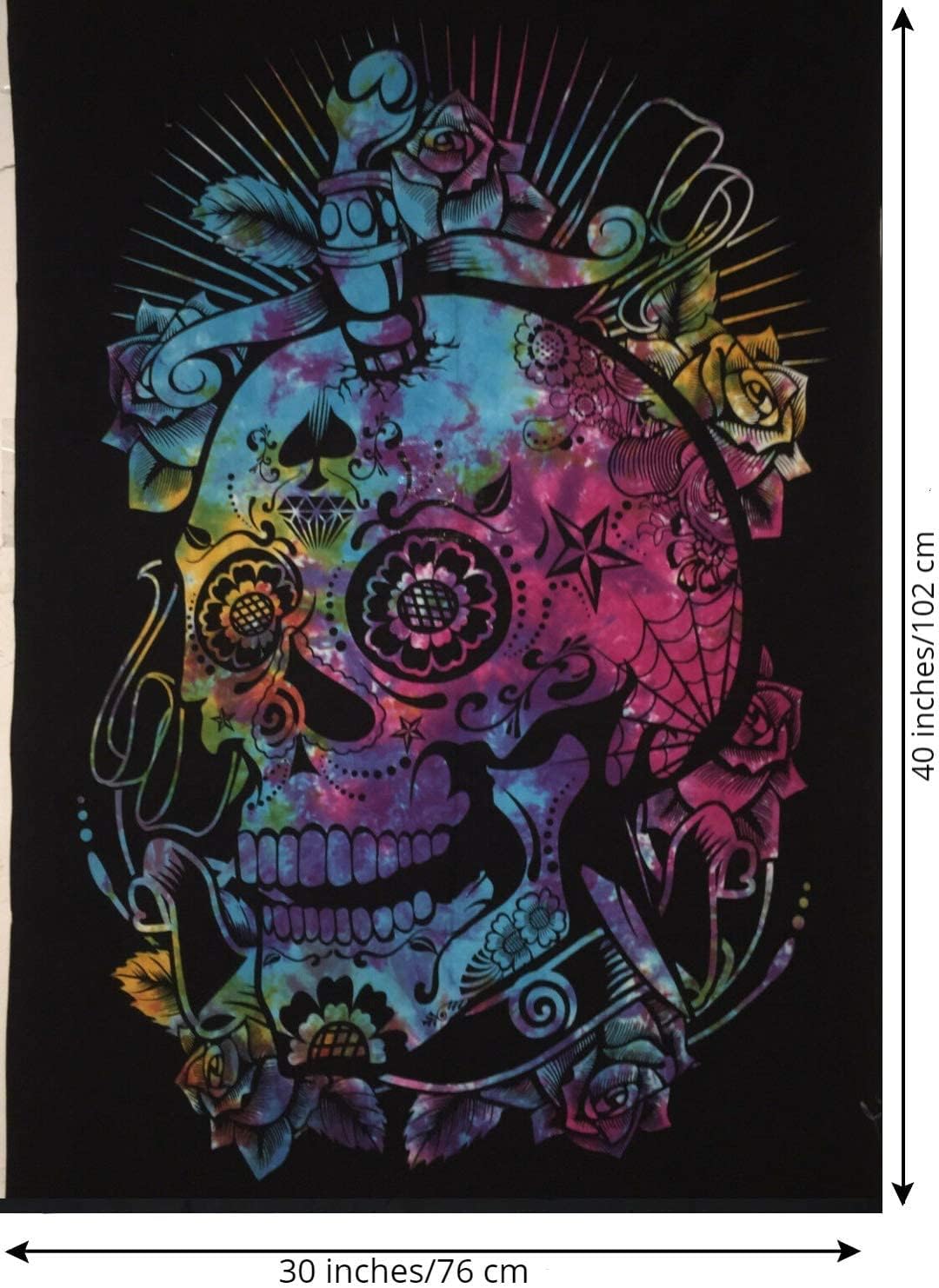 AVA Collections Tie Dye Multicoloured Dead Skull Wall Hanging Psychedelic Tapestries Indian Cotton Poster Boho Bohemian Decor Wall Art Hippie Bedroom Décor 102x76 cm (Multicolour - Image 3