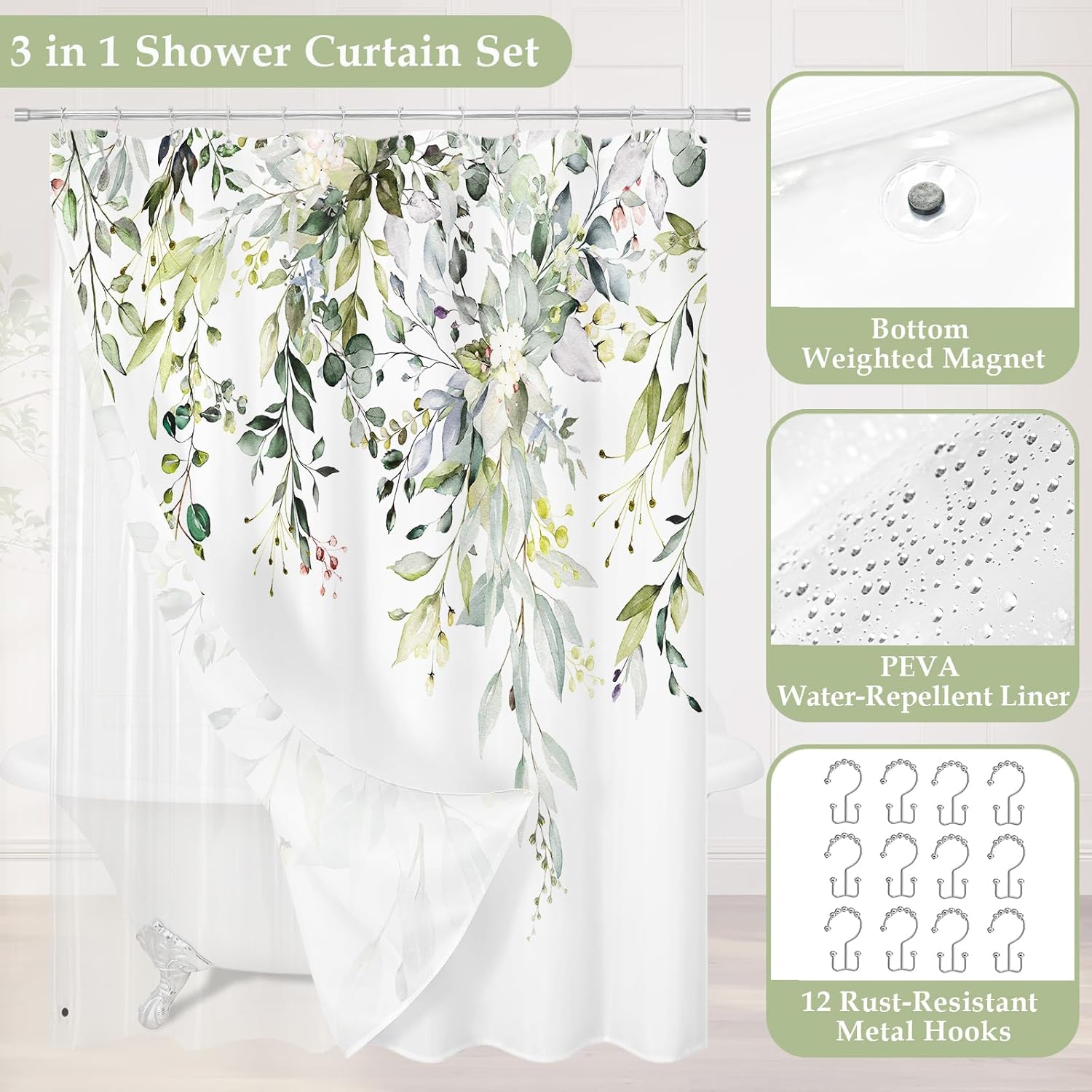 Gibelle Extra Long 3 in 1 Shower Curtain Set, Watercolor Eucalyptus Bath Curtain and PEVA Liner Set with 12 Metal Hooks, Waterproof Fabric Bathroom Curtain 72x84, Sage Green