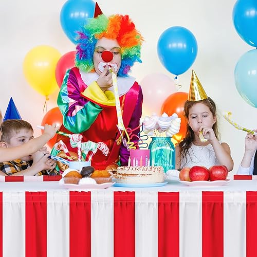 Miniatura 5 de durony Paquete de 4 faldas de mesa a rayas rojas y blancas, suministros de fiesta temática de circo, falda de mesa de carnaval para decoración de