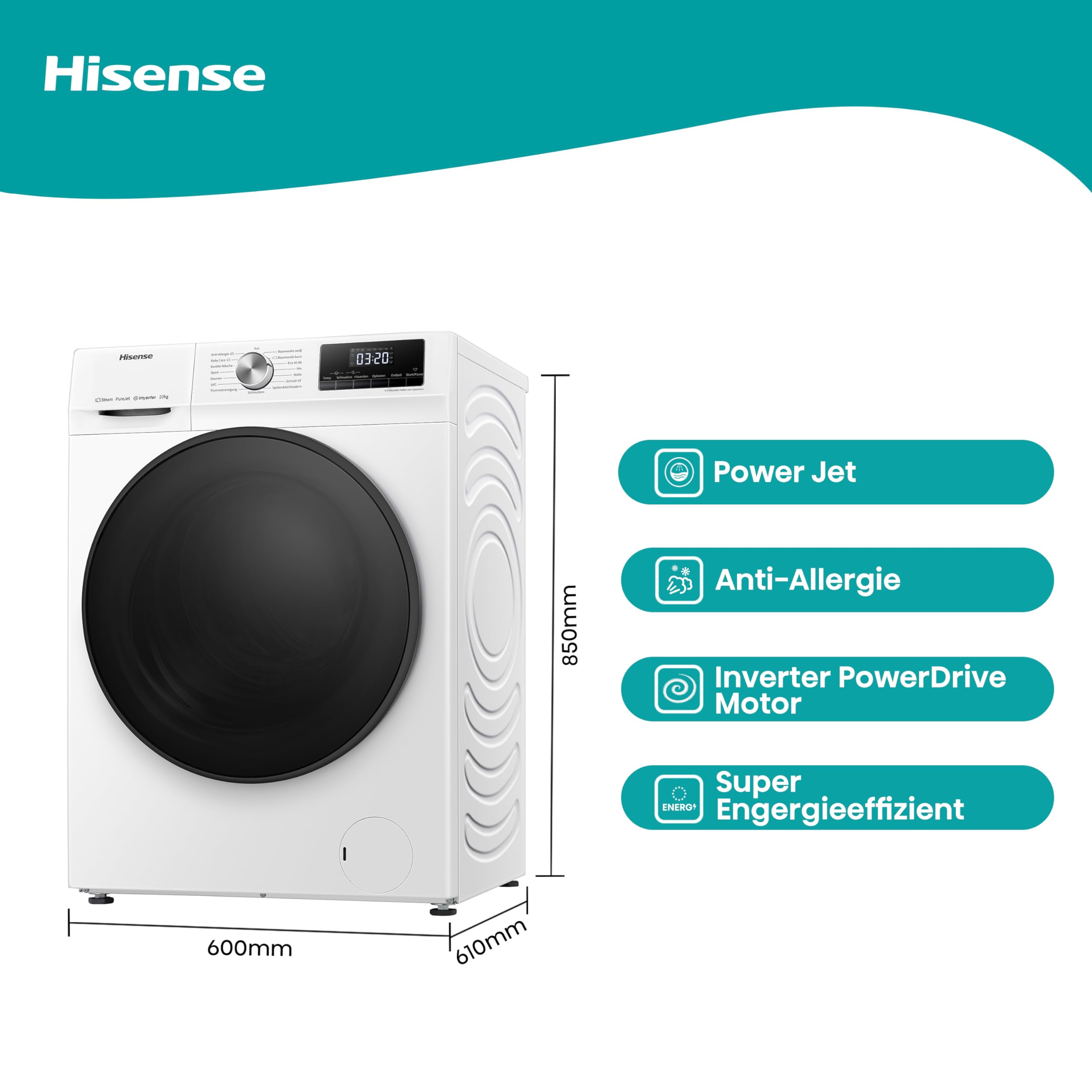 Hisense WFQA1014EVJM Waschmaschine mit Dampffunktion/10 kg/AquaStop /1400 U/min /15 Programme/Inverter PowerDrive Motor/Edelstahltrommel/Kindersicherung/Trommelreinigung/Weiß