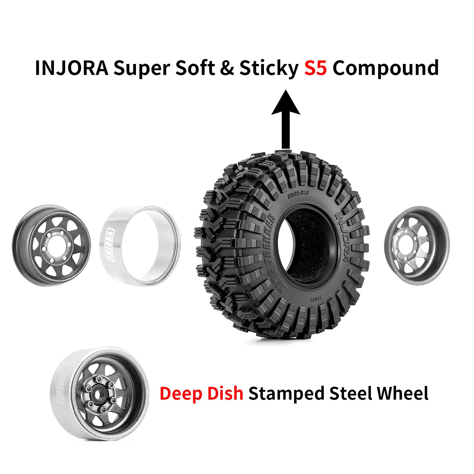 INJORA 1.0 Beadlock Cerchioni Ruote Pneumatici Set -3.78mm Offset Cerchioni Ruote per 1/18 1/24 RC Crawler Car Axial SCX24 FMS FCX24 FCX18 TRX4M, Grigio