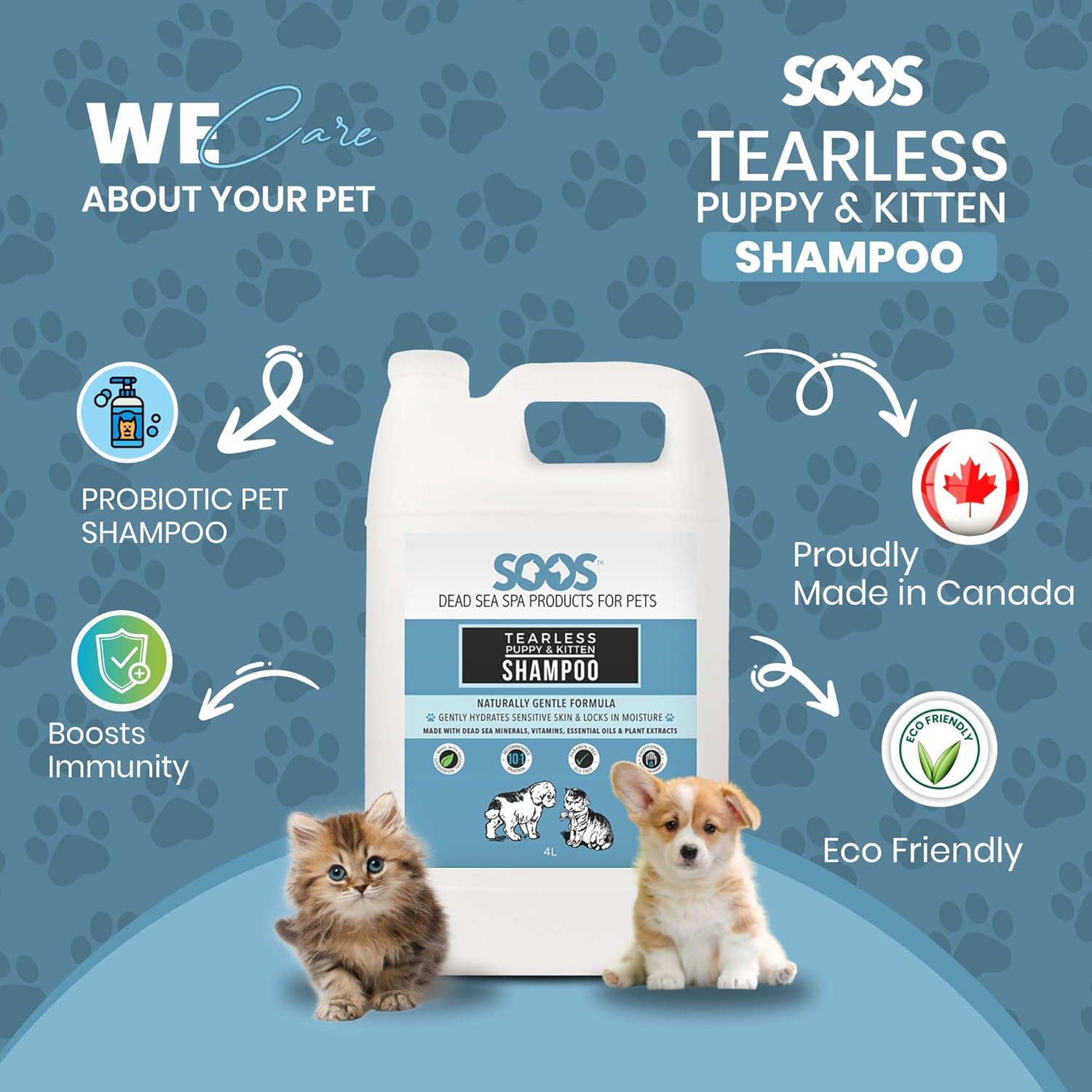 Soos Pets Pet Shampoo Natural Dead Sea Tear-Less Fast Absorbing with Vitamins Minerals Essential Oils Natural Elements for Puppy and Kitten - 1x Pet Shampoo (4L / 1.32 gal)