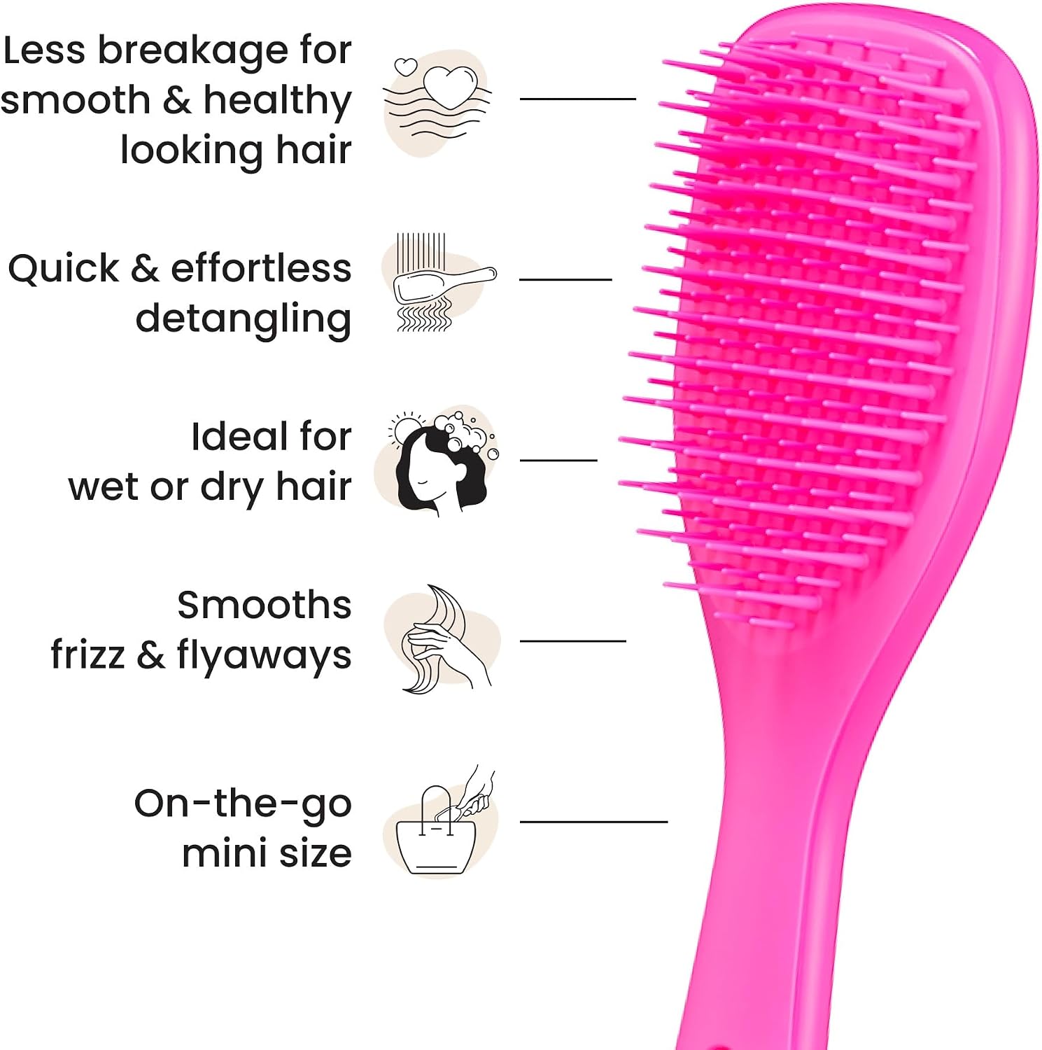 Escova de cabelo desembaraçadora The Mini Ultimate Detangler para todos os tipos de cabelo, ideal para o uso em fios úmidos. Cor: Rosa