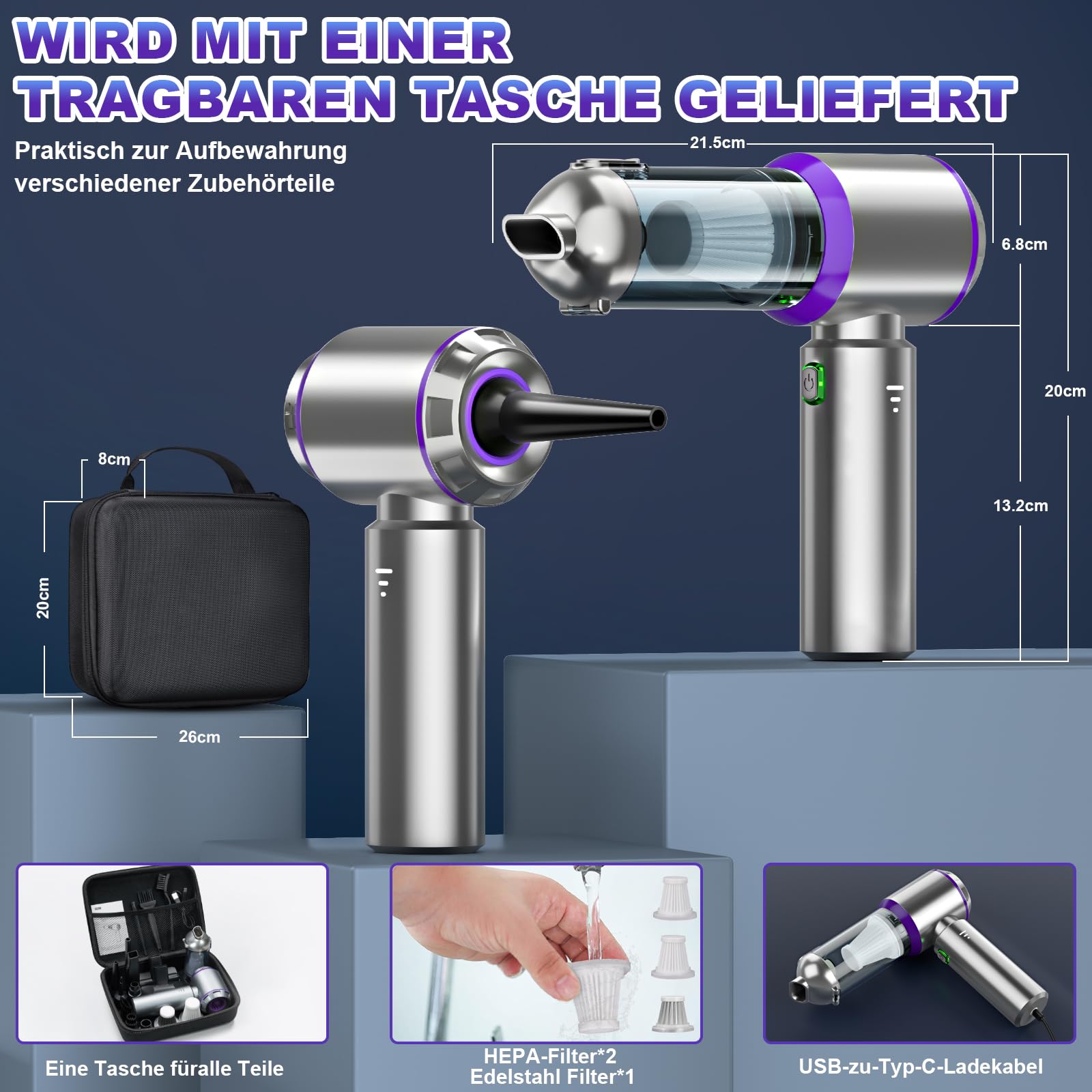 Aspiradora de mano con batería, 4 en 1, aspiradora de mano inalámbrica, 22000 PA, ganador de prueba, 3 marchas, 200000 rpm, mini aspiradora para coche, cocina, PC, sofá, oficina y limpieza de pelo de