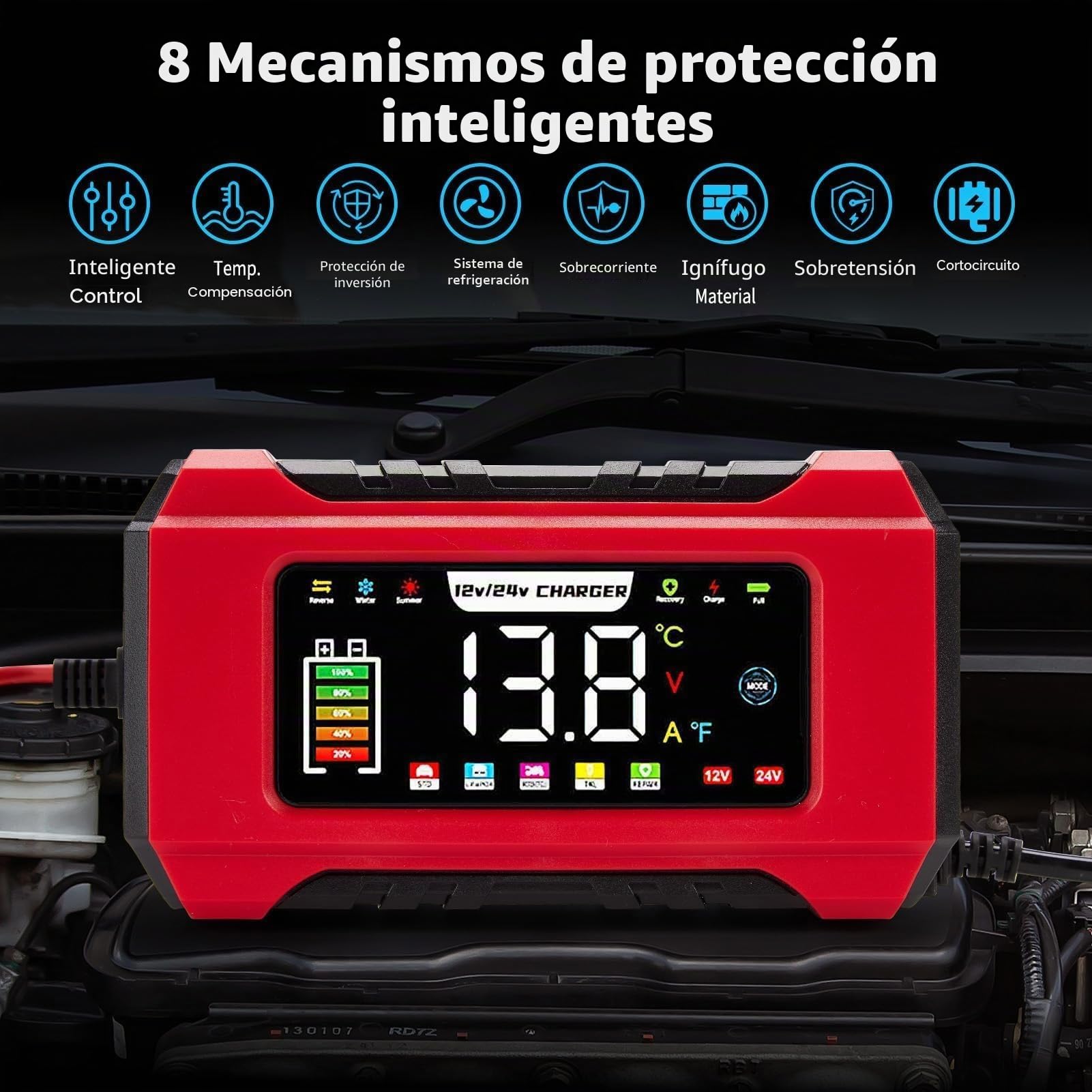 HAUSPROFI 15A Cargador de batería de coche 12V/24V con modo de reparación y carga de mantenimiento, carga de 9 etapas, pantalla LCD para coche, camión, motocicleta, barco - Compatible con baterías de