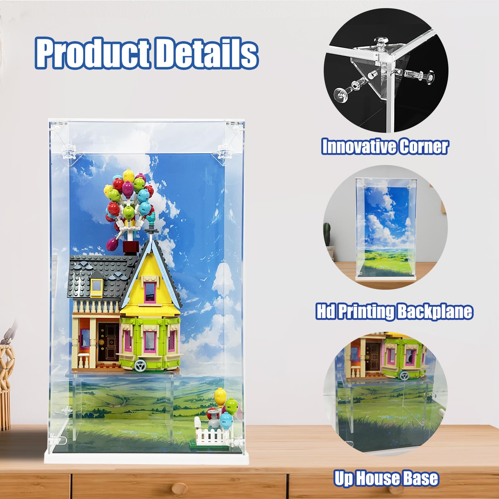 Acrylic Display Case for Lego Pixar ‘Up’ House,Lego 43217 Dustproof Display Case,Classic Up House Building Toy Set Display Case with Clear Base?HD Painted Background (Only Case)