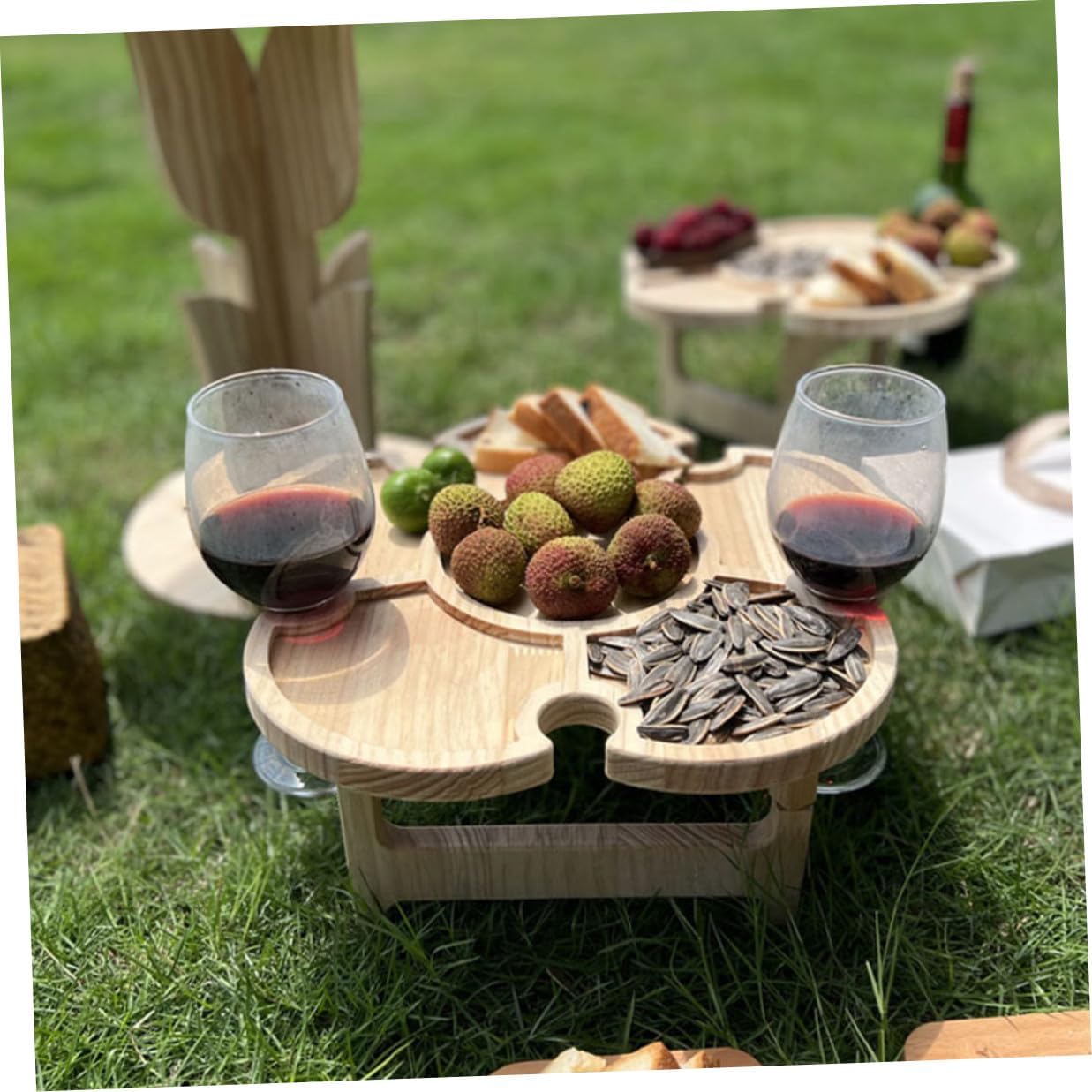 Ciieeo Portable Foldable Wood Wine Desk Outdoor Picnic Beverage Table Small Beach Camping Side Table with Tray 35cm Diameter for Travel BBQ and Lawn Use